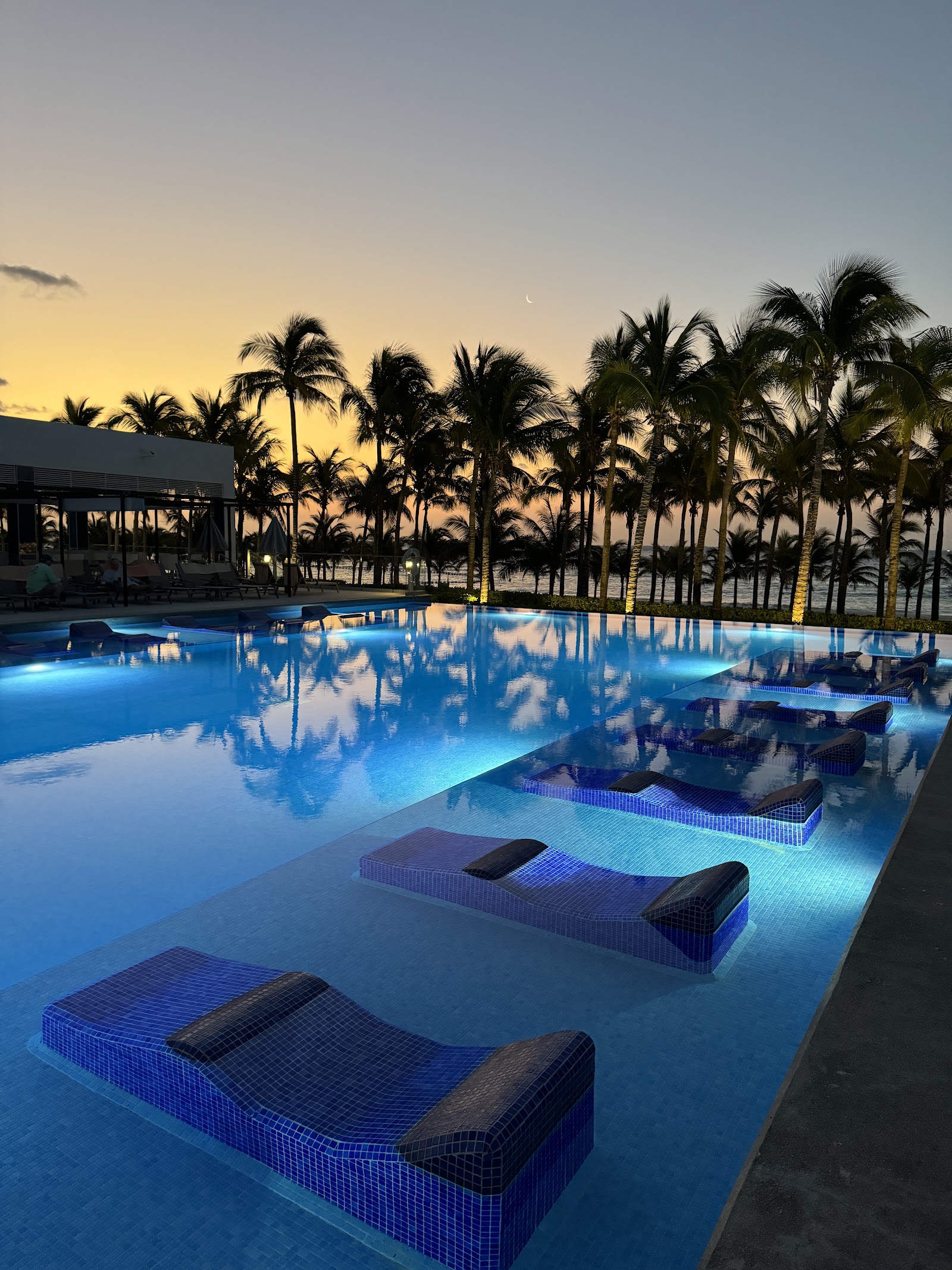 Illuminated pool with built-in loungers at dusk, palm trees silhouetted against golden sunset sky and ocean beyond.
