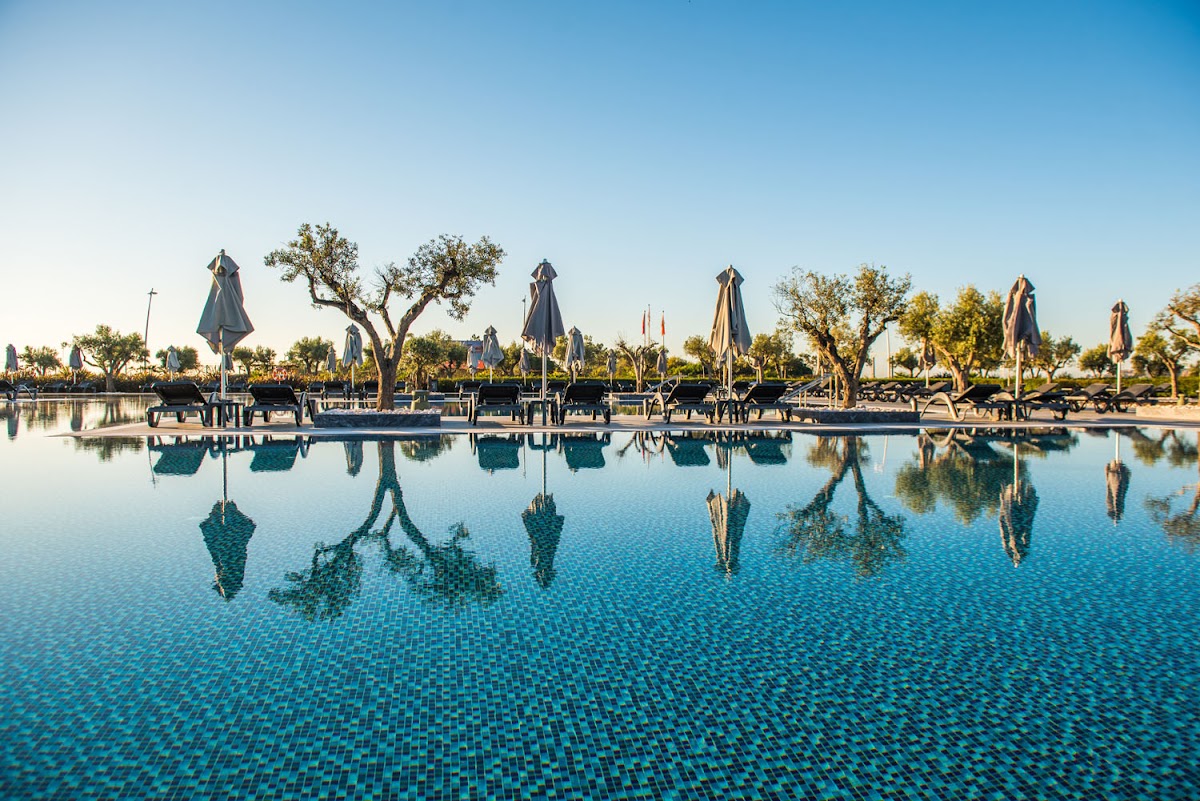 Tiled pool with closed umbrellas and loungers reflecting in still water, palm trees and green landscape beyond under clear sky.