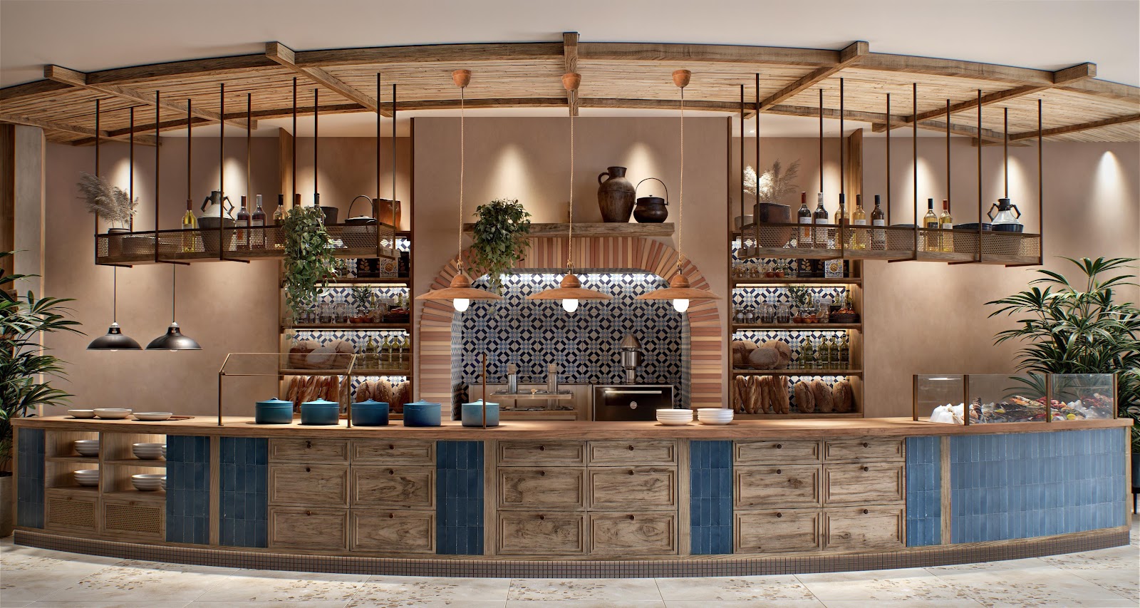 Resort bar with curved wood counter, blue cabinetry, hanging pendant lights, and geometric tile backsplash at Hyatt Regency Vilamoura Algarve.
