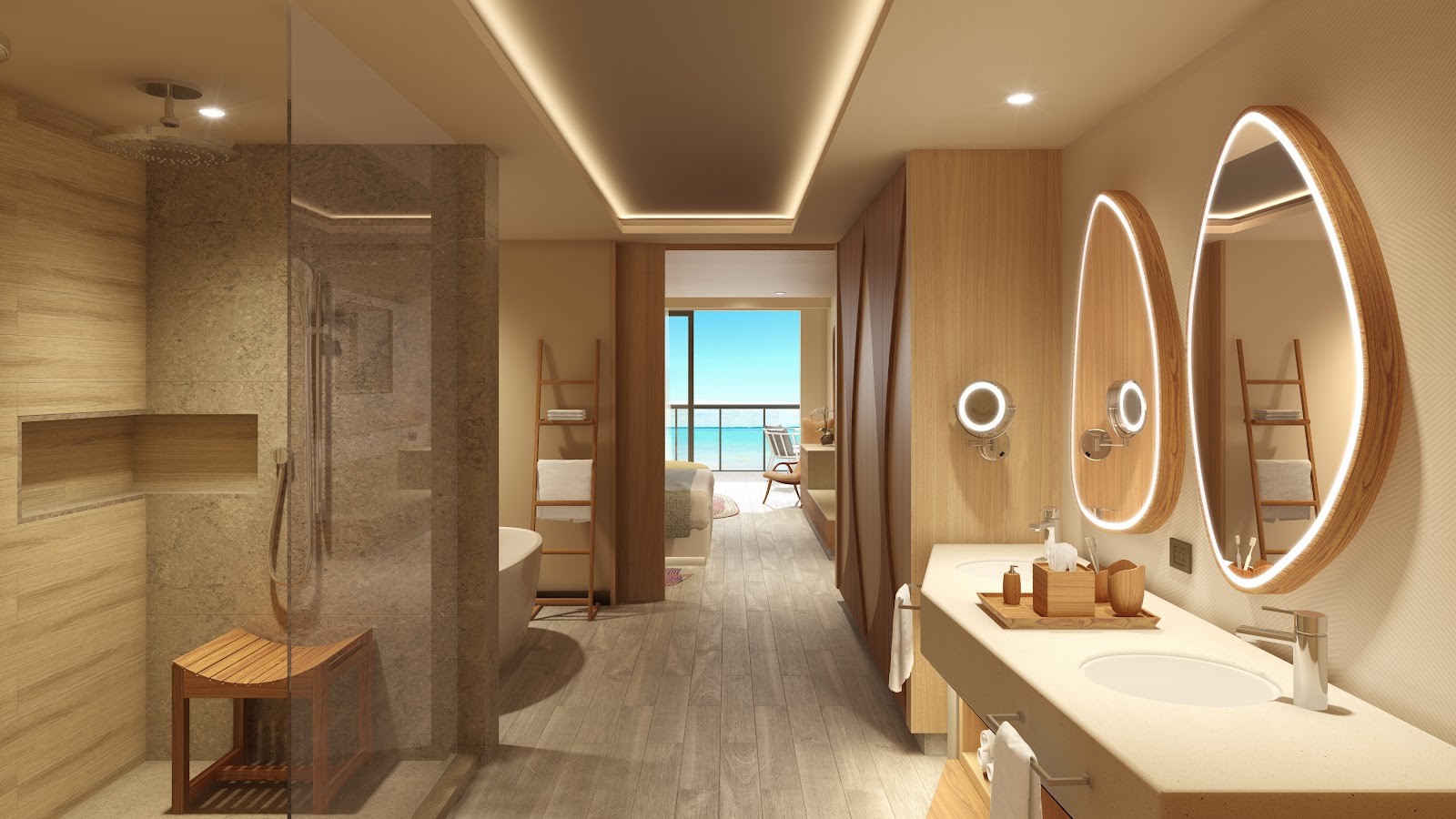 Modern bathroom with dual vanities, illuminated oval mirrors, walk-in shower, and ocean view through open doorway at Hyatt Zilara Cap Cana.
