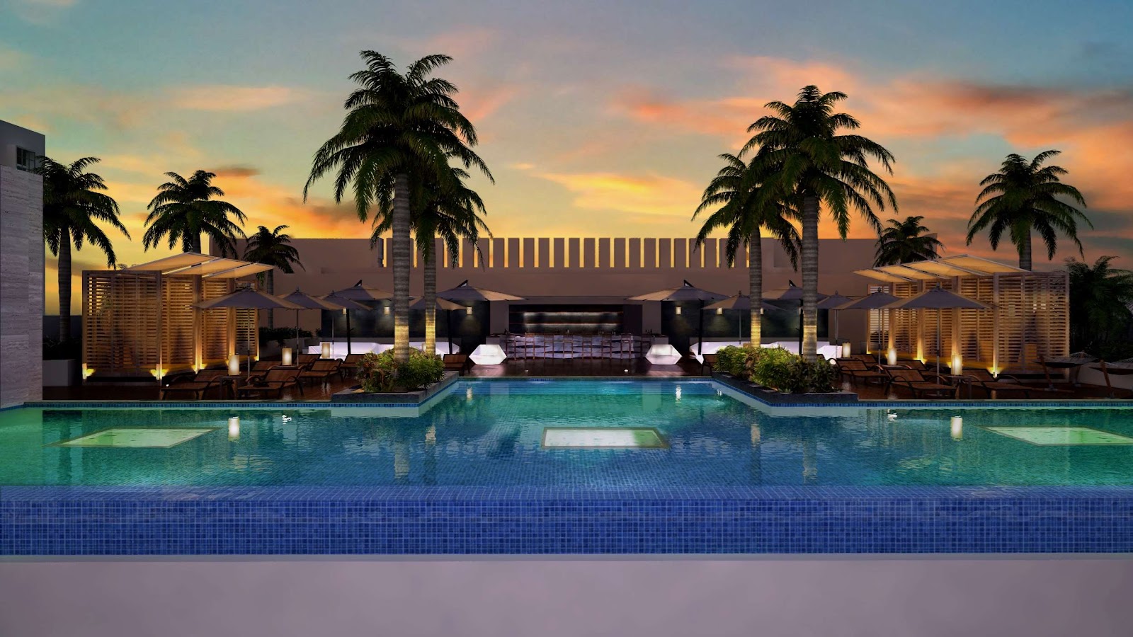 Hyatt Ziva Cancún pool area with blue water, palm trees, cream-colored hotel towers, white umbrellas, and lounge chairs under clear sky.
