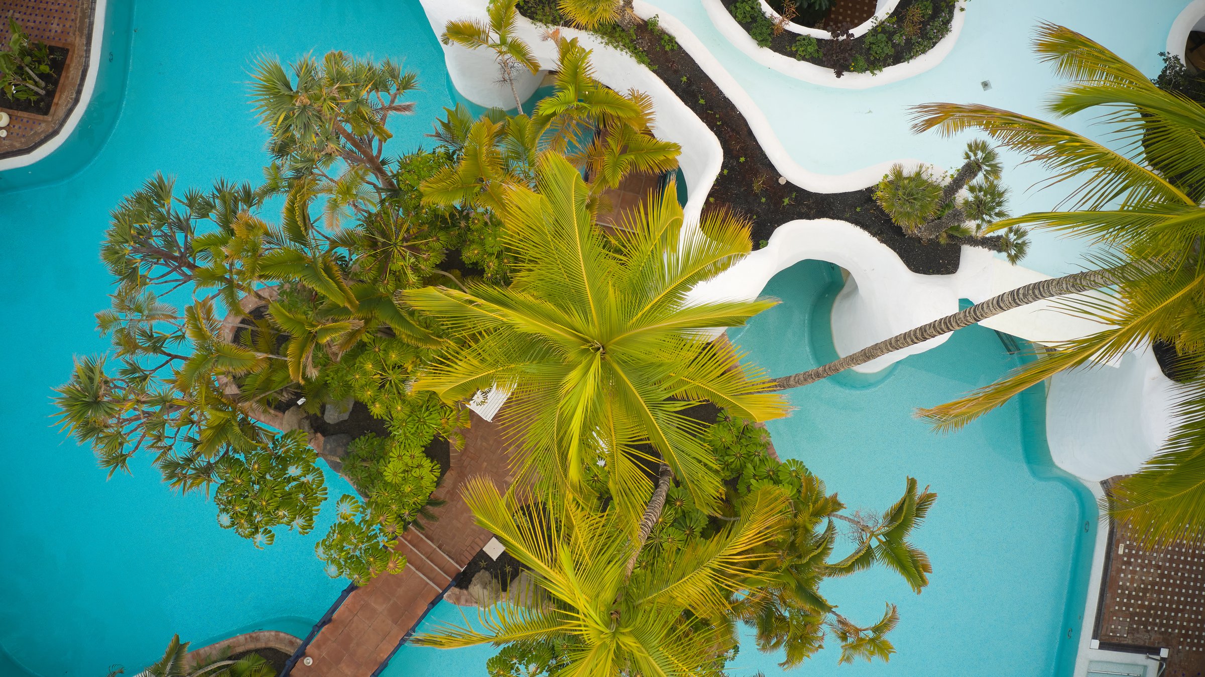 Top-down view of palms, winding white walls and a tiled path over the turquoise water.