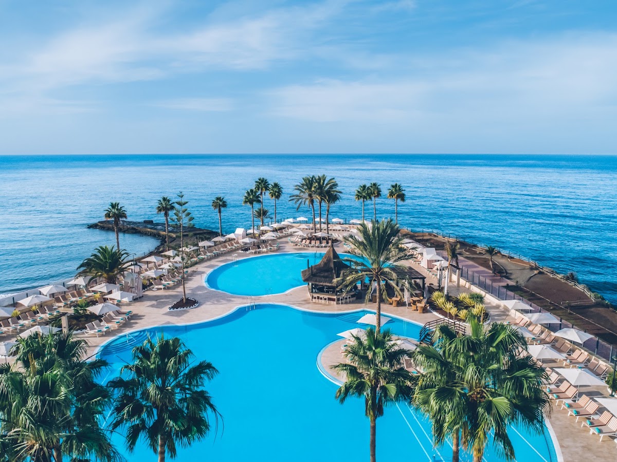 Aerial view of two bright blue pools surrounded by palm trees, lounge chairs, and a beachside bar, with the ocean and rocky coastline beyond.
