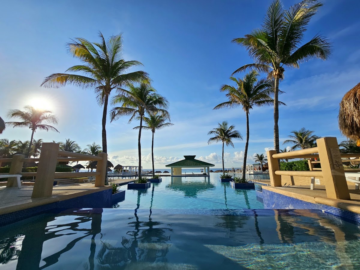Infinity pool with turquoise water stretching toward the ocean, framed by tall palm trees and tan architectural structures under clear blue sky.