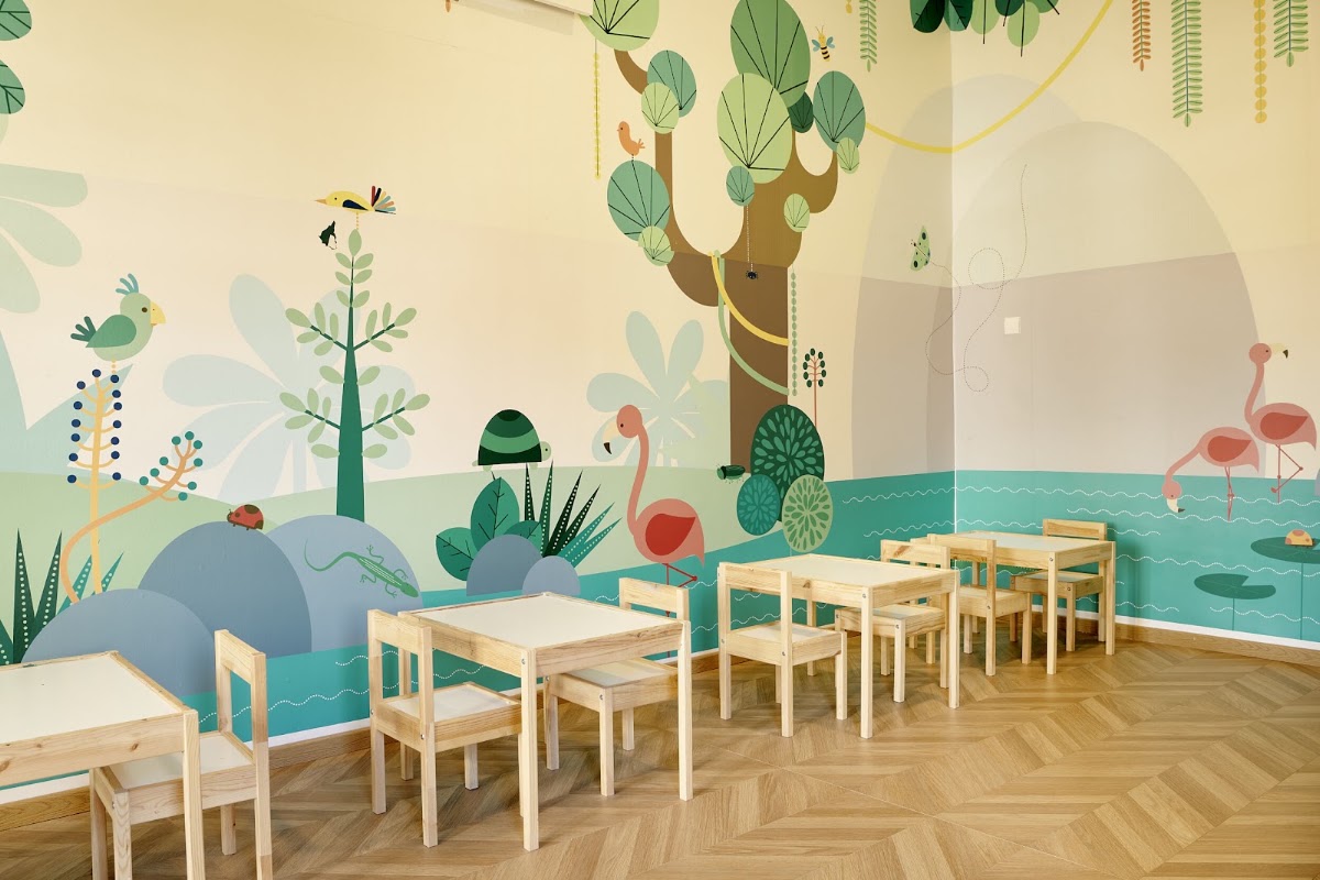 Children's dining room with wooden tables and chairs facing a mural of tropical plants, animals, and water scenes in soft greens and blues.