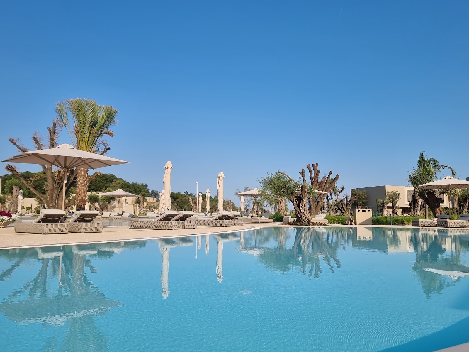 Large lagoon-style pool with turquoise water reflecting palm trees, umbrellas, and lounge chairs at Ikos Odisia under clear blue sky.