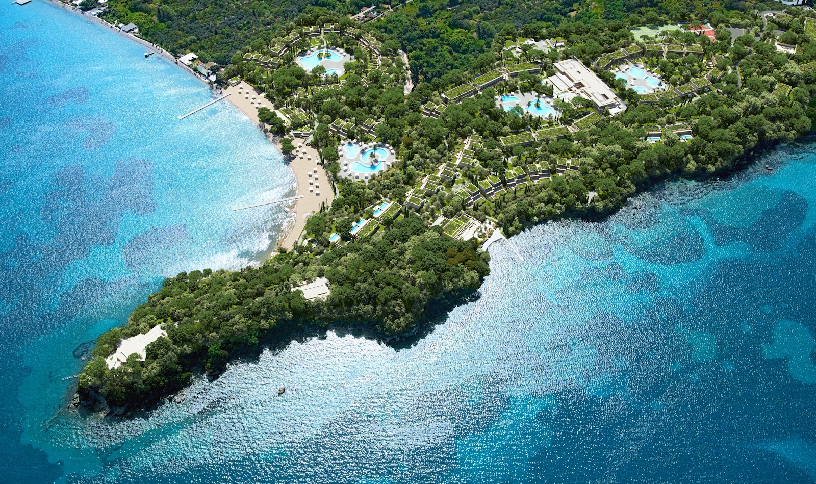 Aerial view of Ikos Odisia resort on a forested peninsula between turquoise Adriatic waters, with beach, multiple pools, and guest buildings nestled among pine trees.