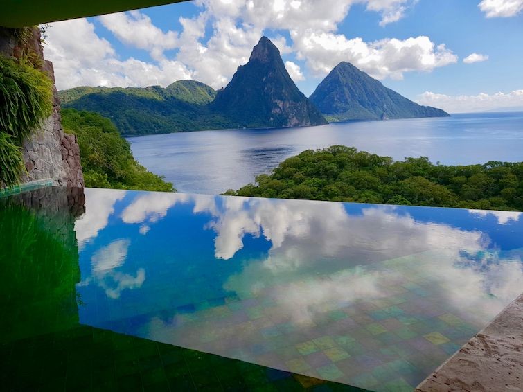 Infinity pool overlooking the Pitons and Caribbean Sea at Jade Mountain resort in St. Lucia.
