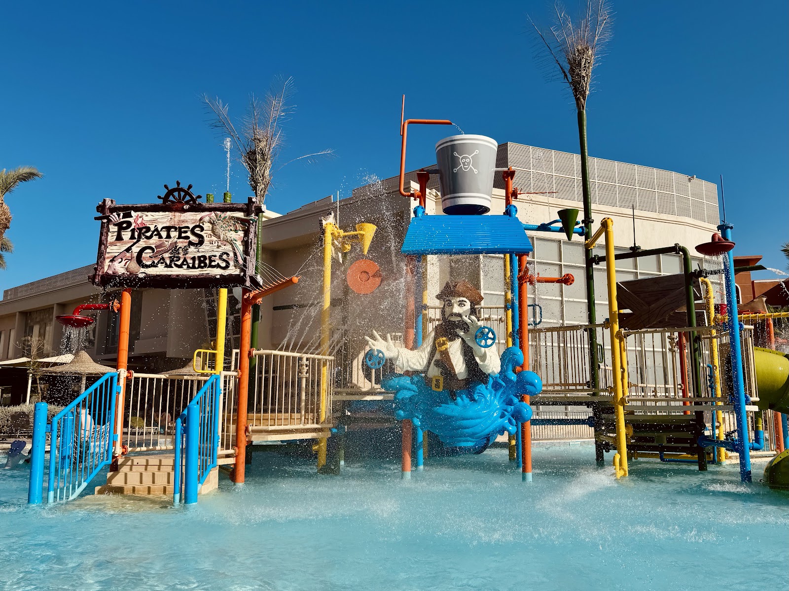 Pirates Caraibes water play area with colorful slides and shallow pool at JAZ Soma Beach.