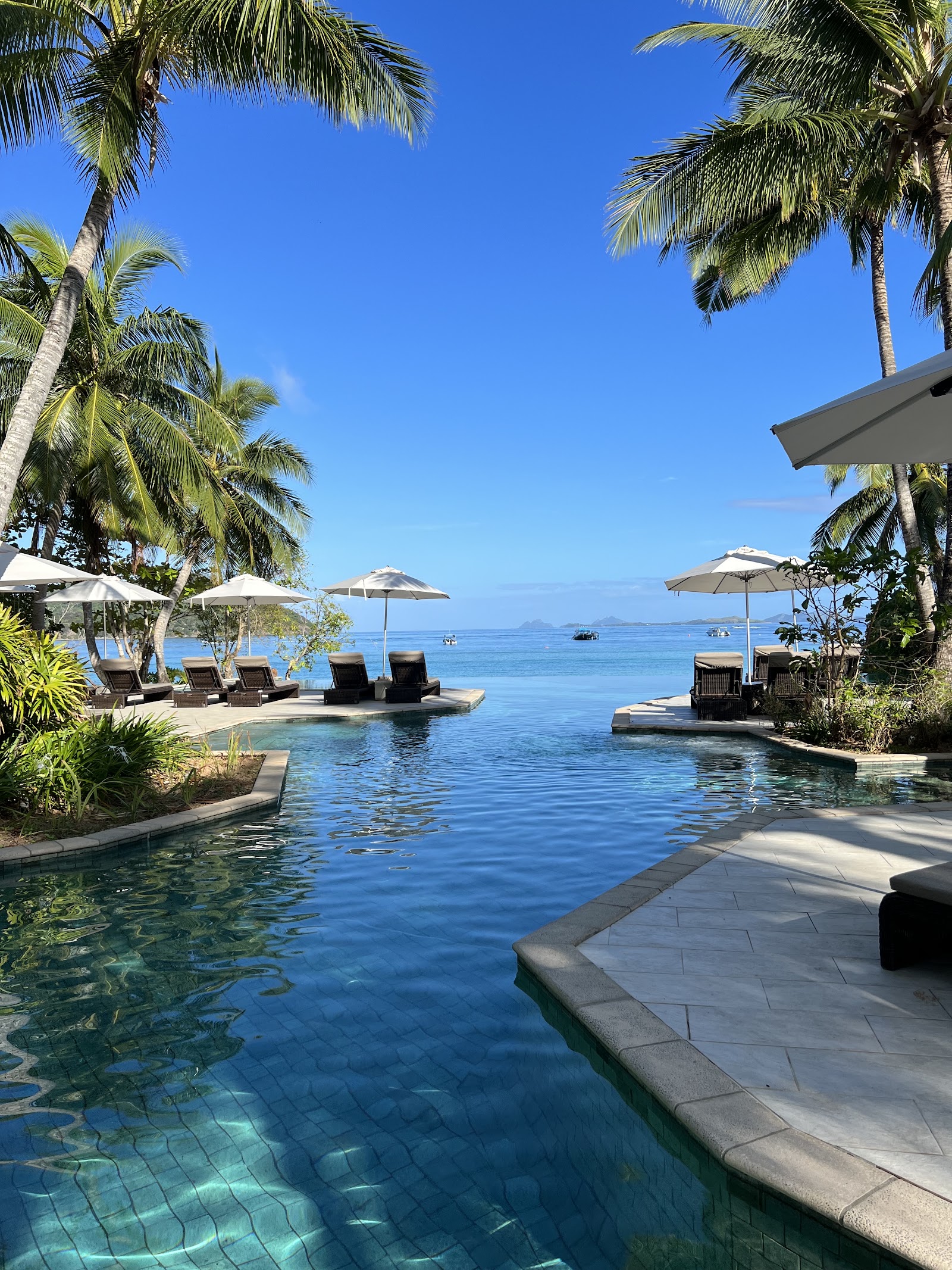 Two lounge chairs on a lawn face a thatched-roof bungalow surrounded by palm trees at Likuliku Lagoon Resort.