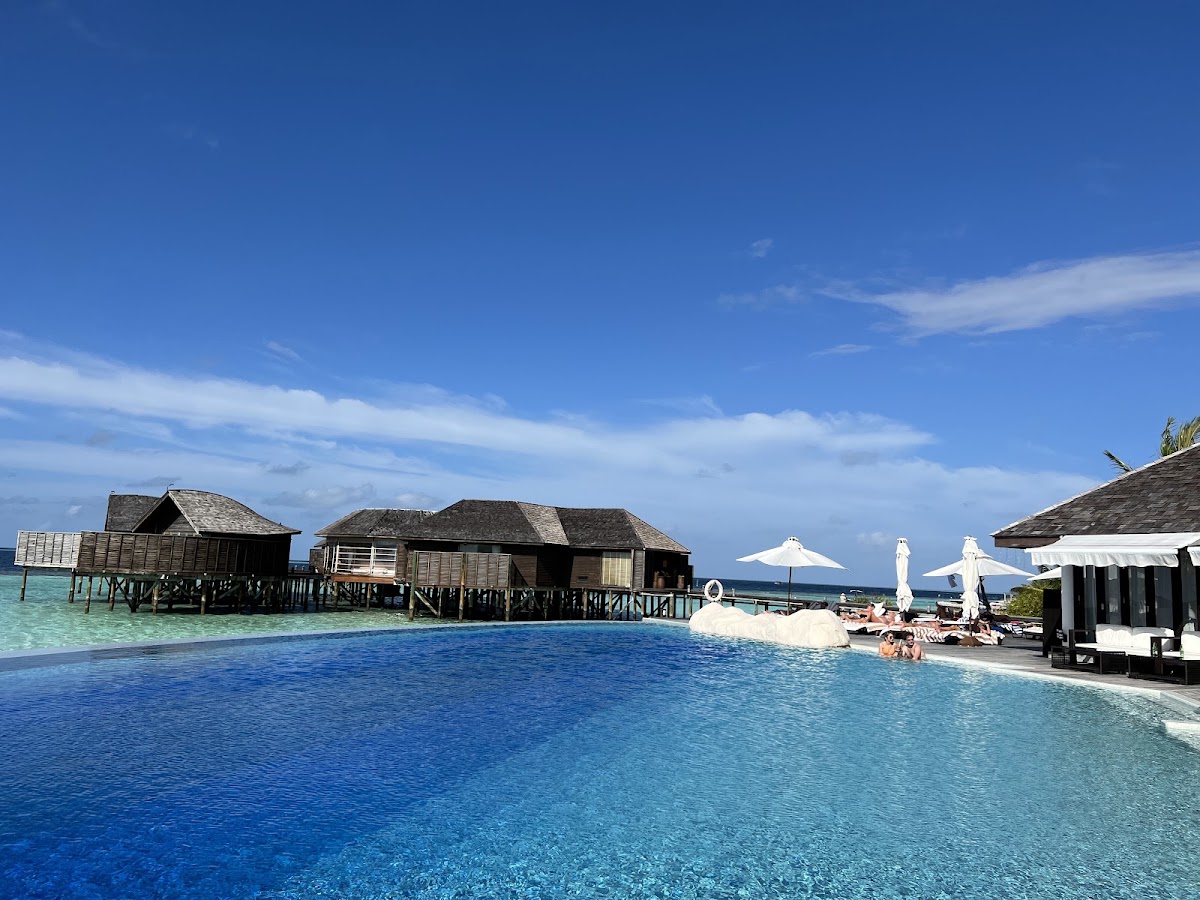 Overwater bungalows with thatched roofs sit above turquoise lagoon water, with a pool, white umbrellas, and lounge chairs in the foreground at Lily Beach Resort & Spa.