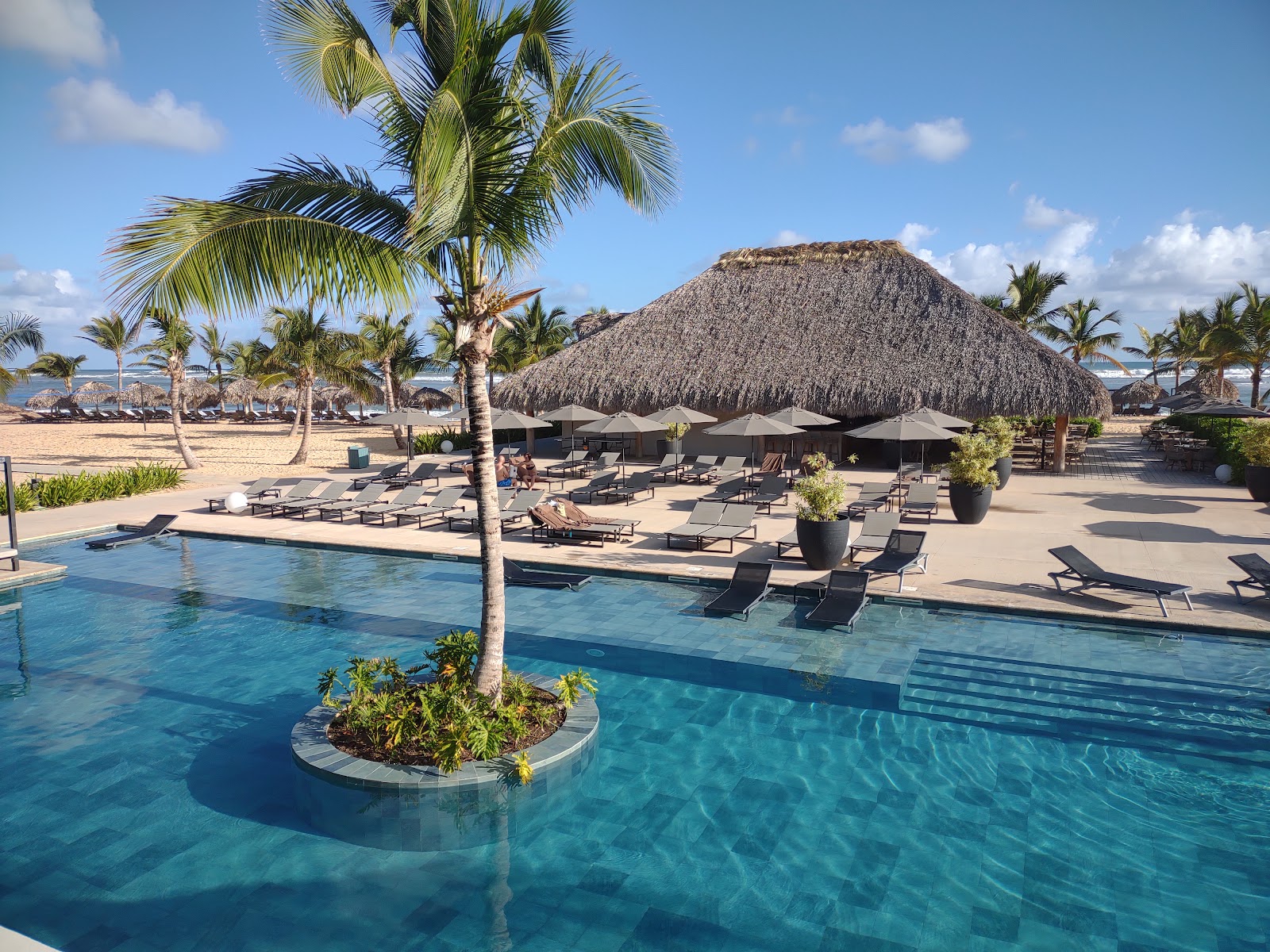 Long lap pool with black cabanas and umbrellas flanking either side, palm trees and clear blue sky in background.