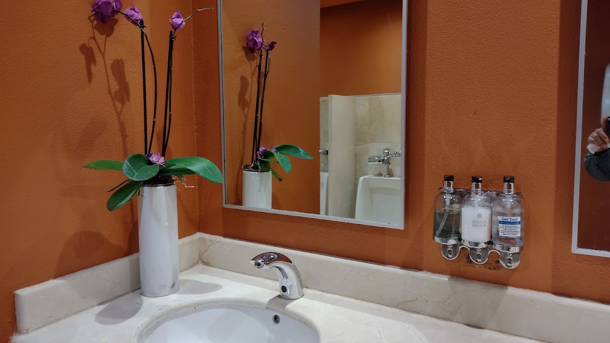 Bathroom sink with white countertop and circular basin, purple orchids in white vase, mirror, and dispensers on terracotta wall at Live Aqua Beach Resort Cancún.
