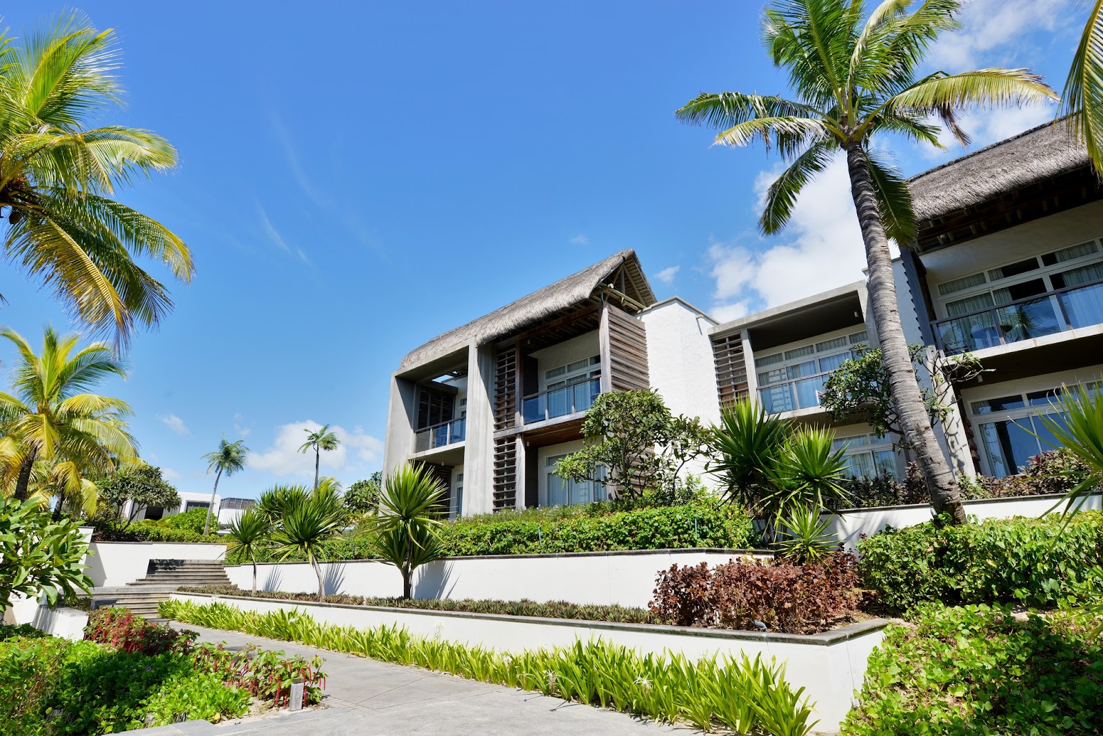 Modern white resort buildings with thatched roofs surrounded by palm trees and tropical landscaping under clear blue sky.