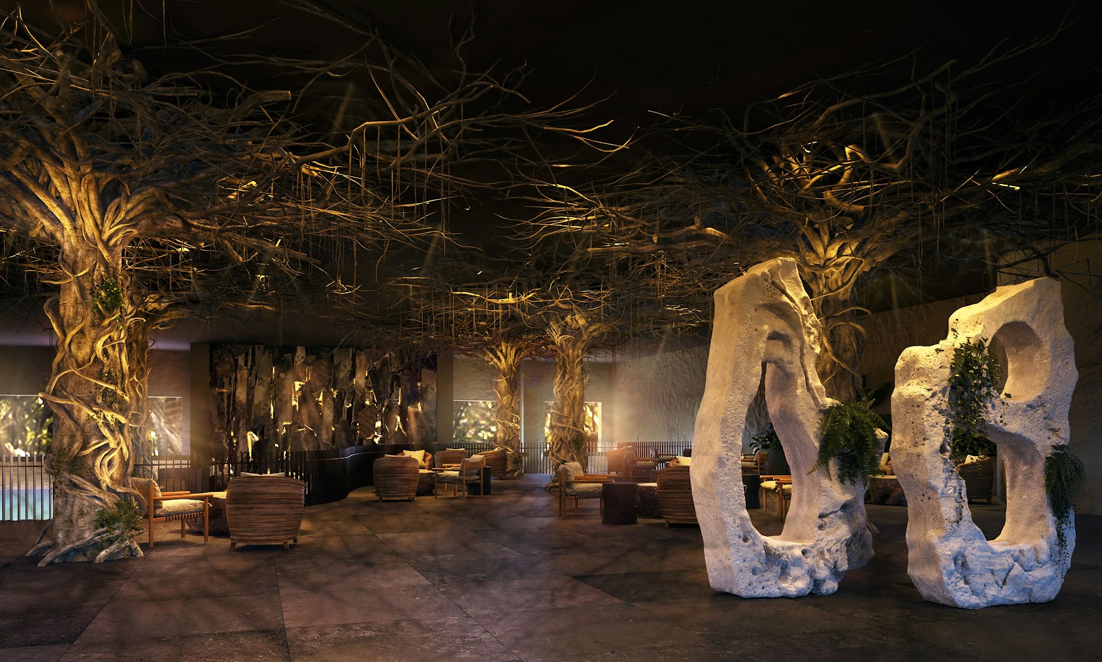 Nighttime resort courtyard with dramatic white stone archways, uplighting on gnarled trees, and scattered seating areas.