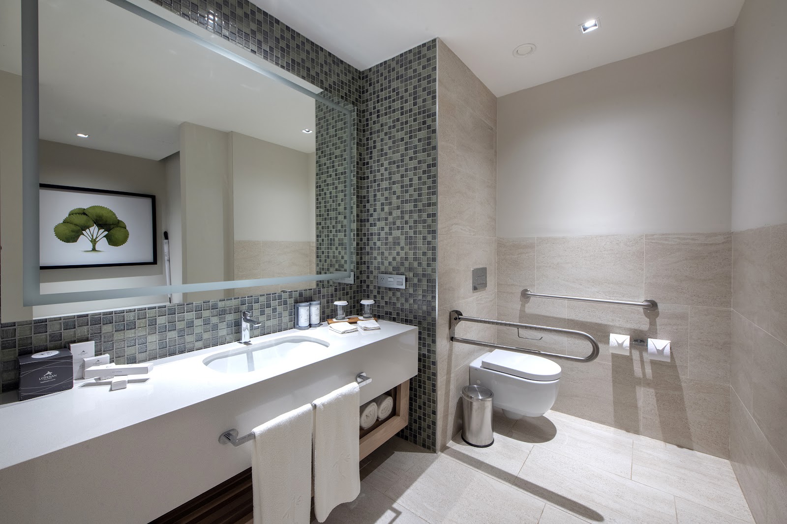 Modern bathroom with white vanity, green mosaic tile accent wall, walk-in shower with grab bars, and framed botanical artwork above mirror.