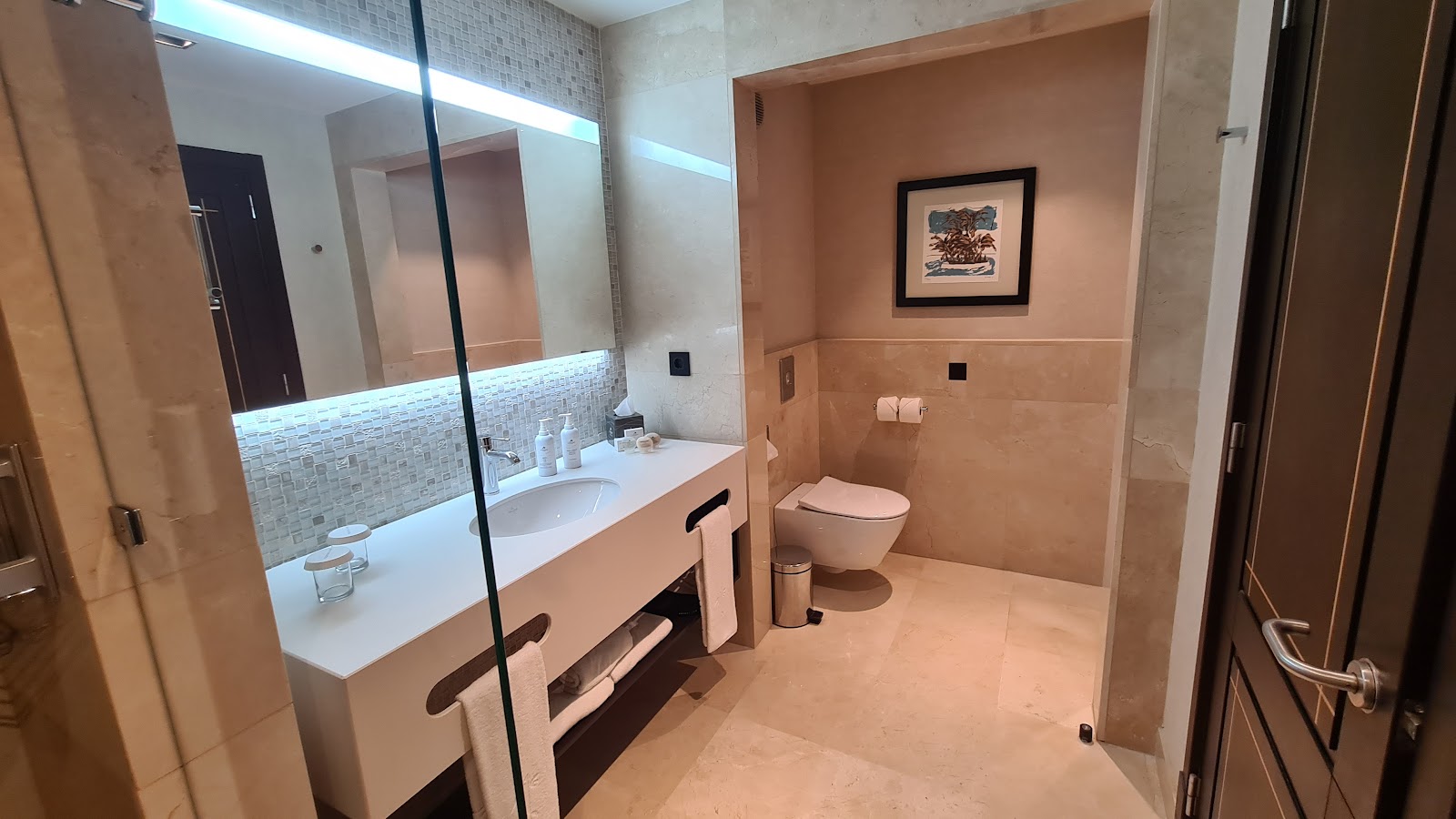 Spacious bathroom with peach-toned walls, lighted mirror above white sink vanity, glass shower enclosure, and wall-mounted toilet with framed artwork.
