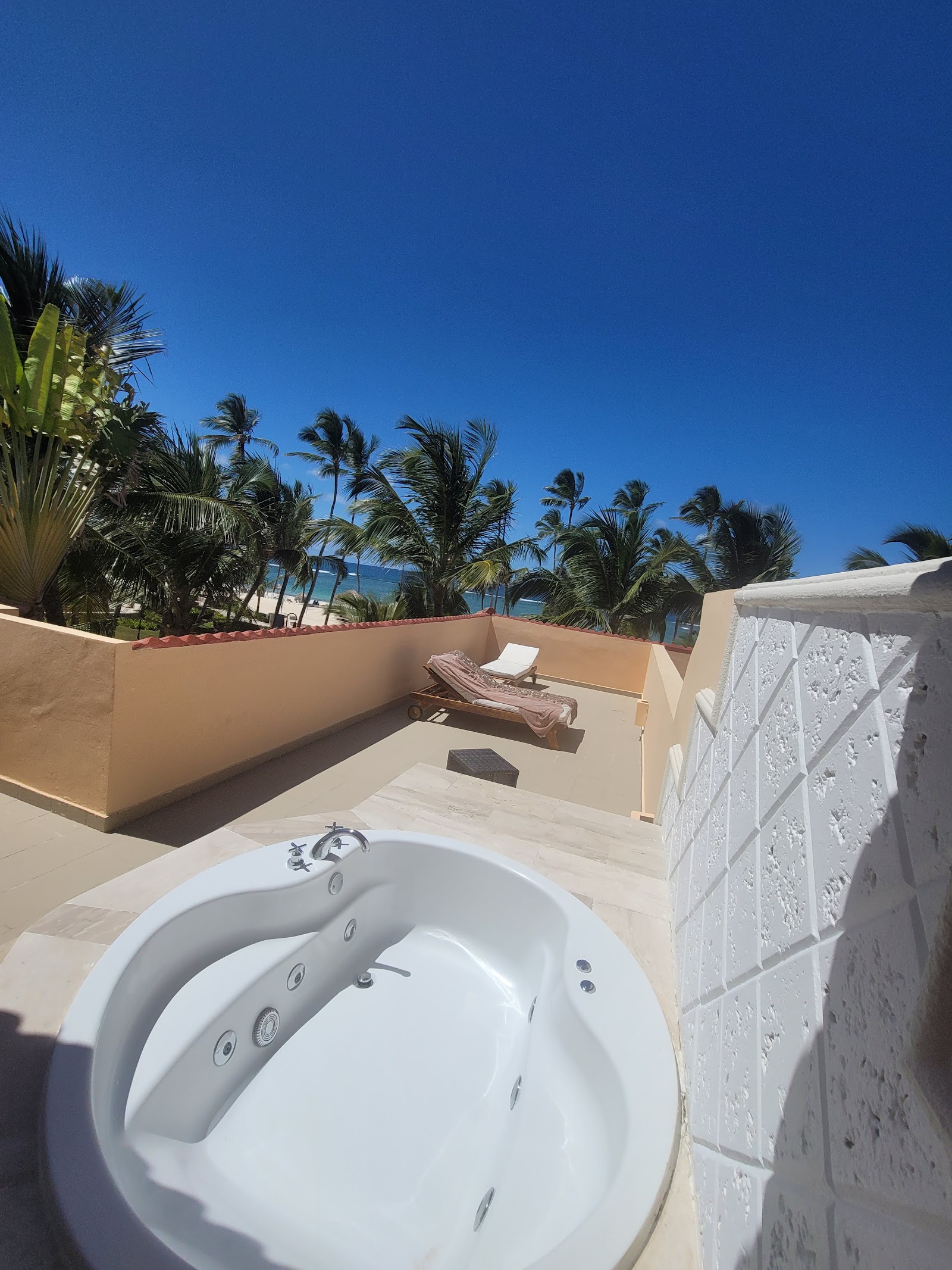 Private terrace with round jetted tub overlooking palm trees and ocean under clear blue sky.
