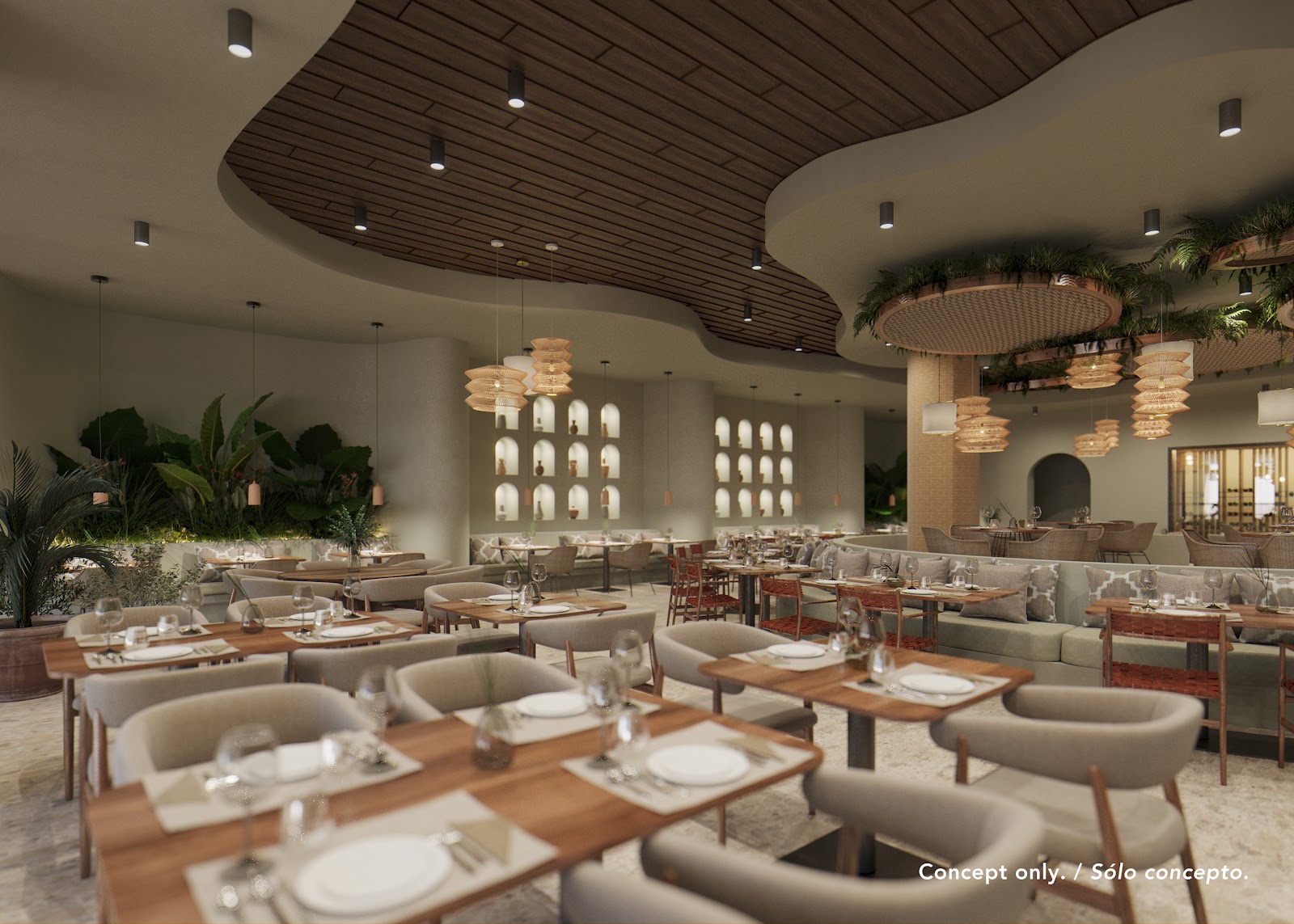 Lounge area with billiards table, leather seating, wood ceiling details, and full bar at Majestic Mirage Costa Mujeres.