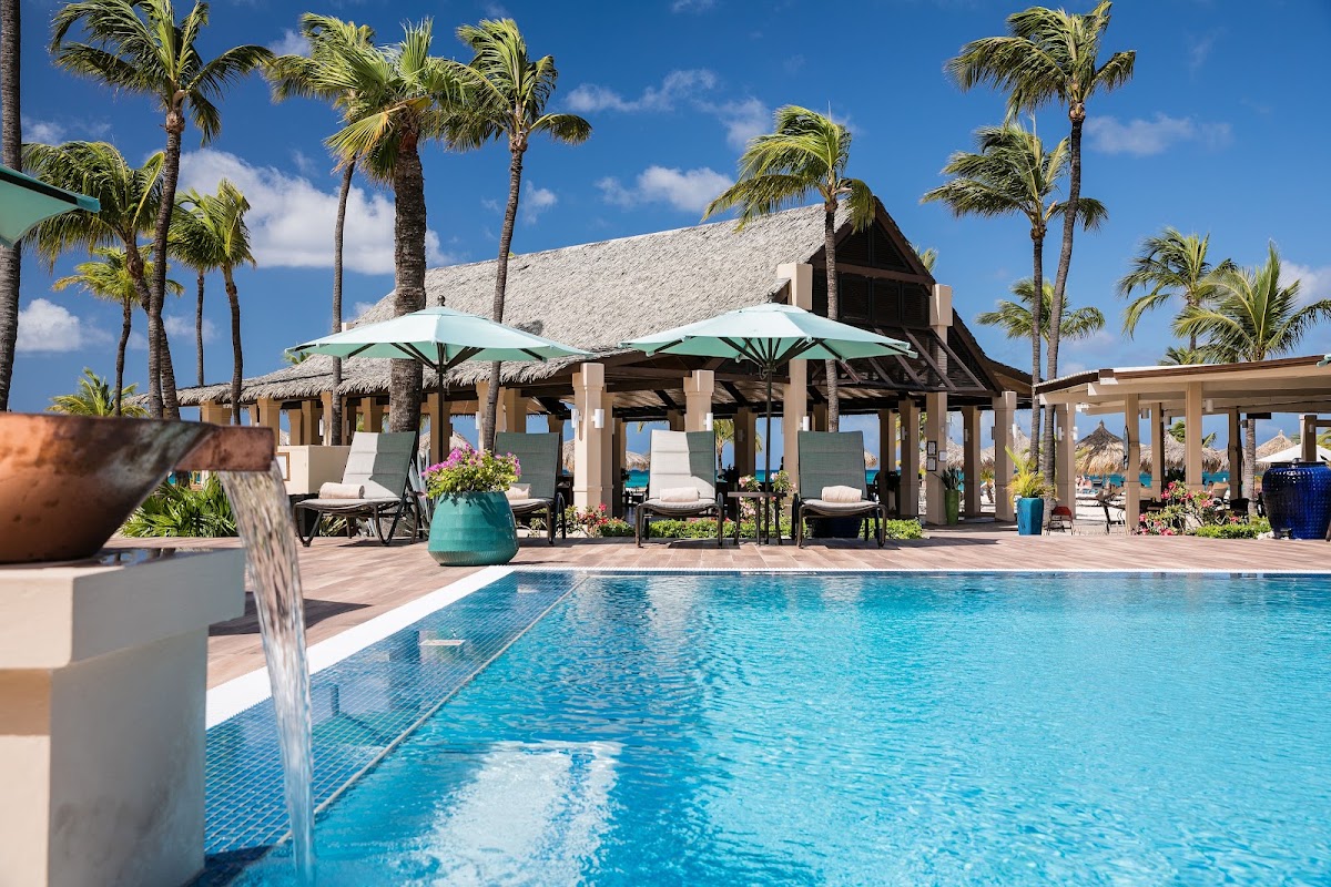 Swimming pool with turquoise water and a waterfall feature, surrounded by lounge chairs under mint-green umbrellas and a thatched-roof pavilion, with palm trees and ocean visible beyond.