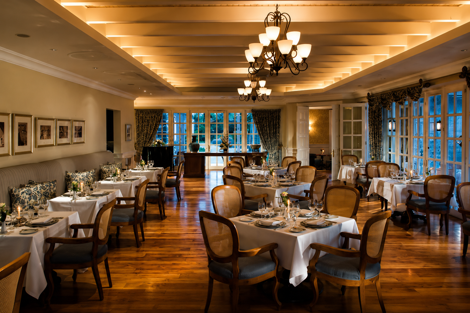 Fine dining room with white-clothed tables, wood chairs with cane backs, hardwood floors, and a coffered ceiling with chandelier and large windows overlooking the ocean at dusk.