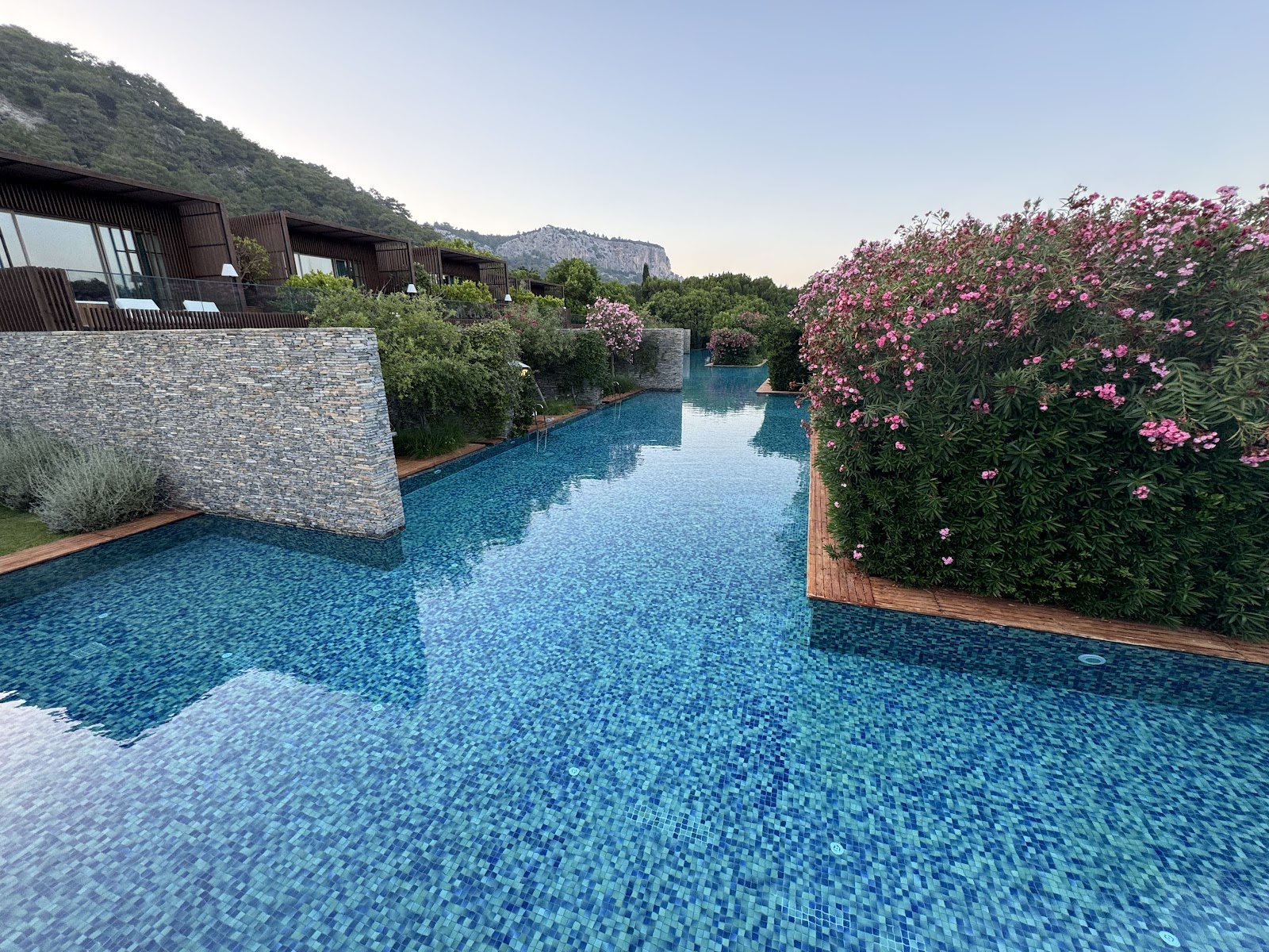 Curved pool with pink flowering vines and modern stone bungalows backed by forested mountains at Maxx Royal Kemer Resort.