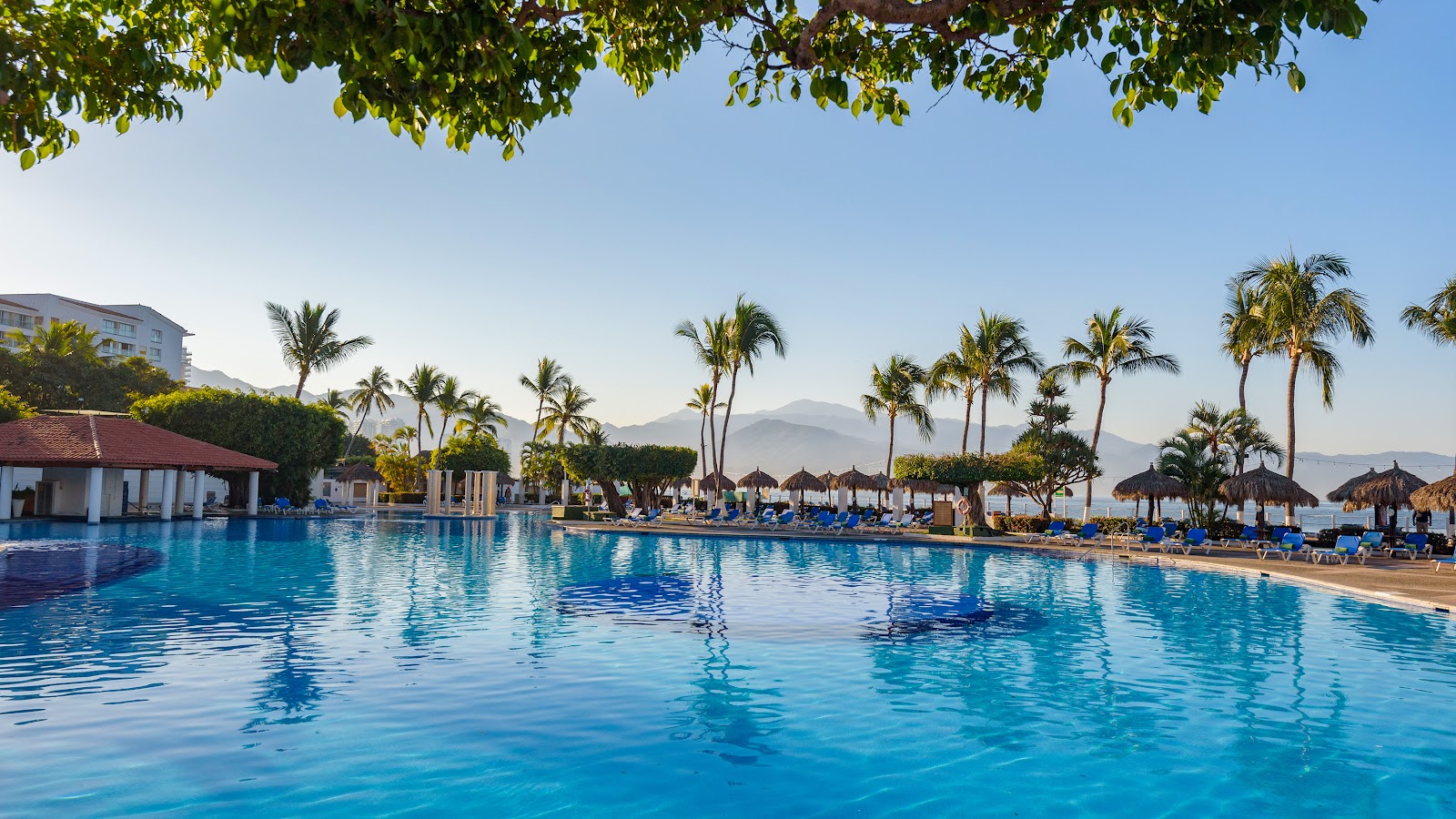 Large resort pool with blue loungers, thatched umbrellas, and palm trees lining the shore, mountains visible in the distance.
