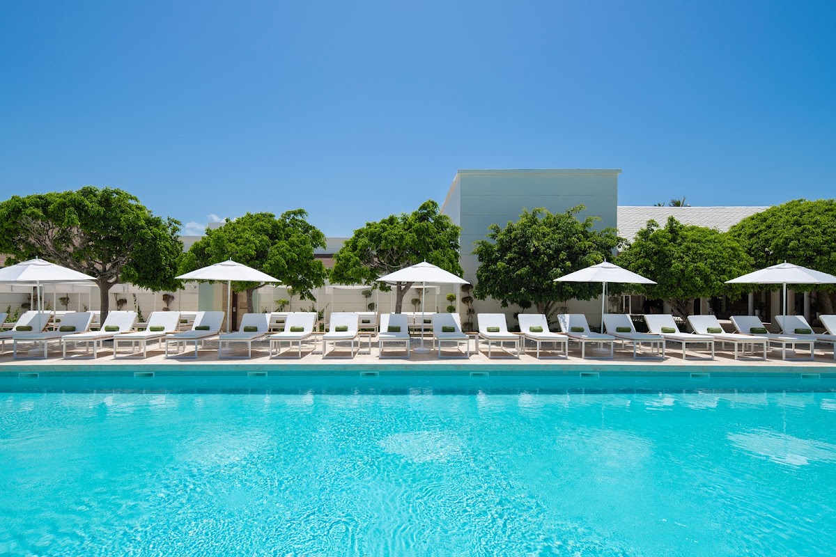 Turquoise pool with rows of lounge chairs and white umbrellas facing modern resort buildings shaded by green trees.