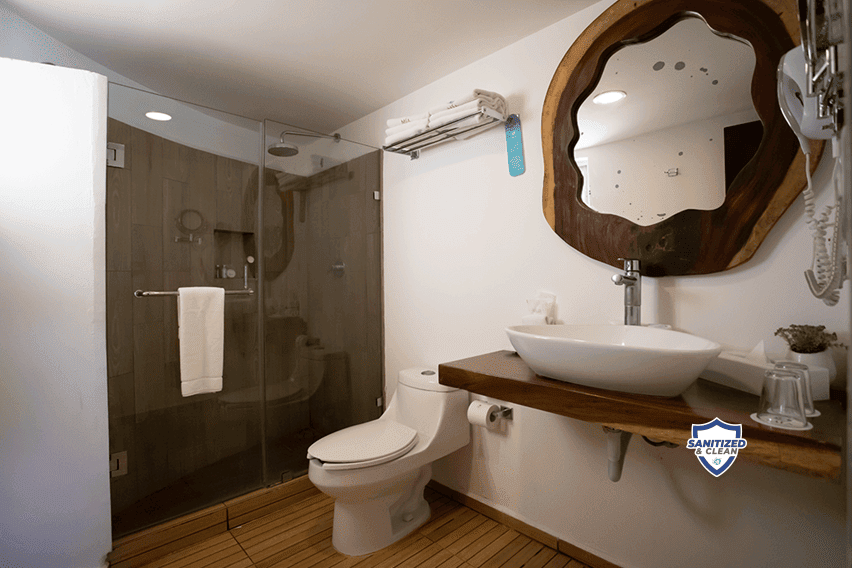 Modern bathroom with walk-in shower, white vessel sink on wood vanity, wood-framed mirror, and wooden flooring at MIA Reef Isla Mujeres.