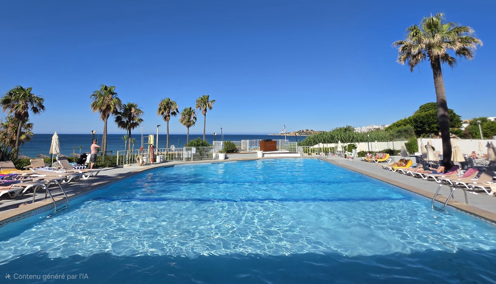 Large rectangular pool with clear blue water, lounge chairs, palm trees, and Mediterranean Sea beyond white fence at Monica Isabel Beach Club.