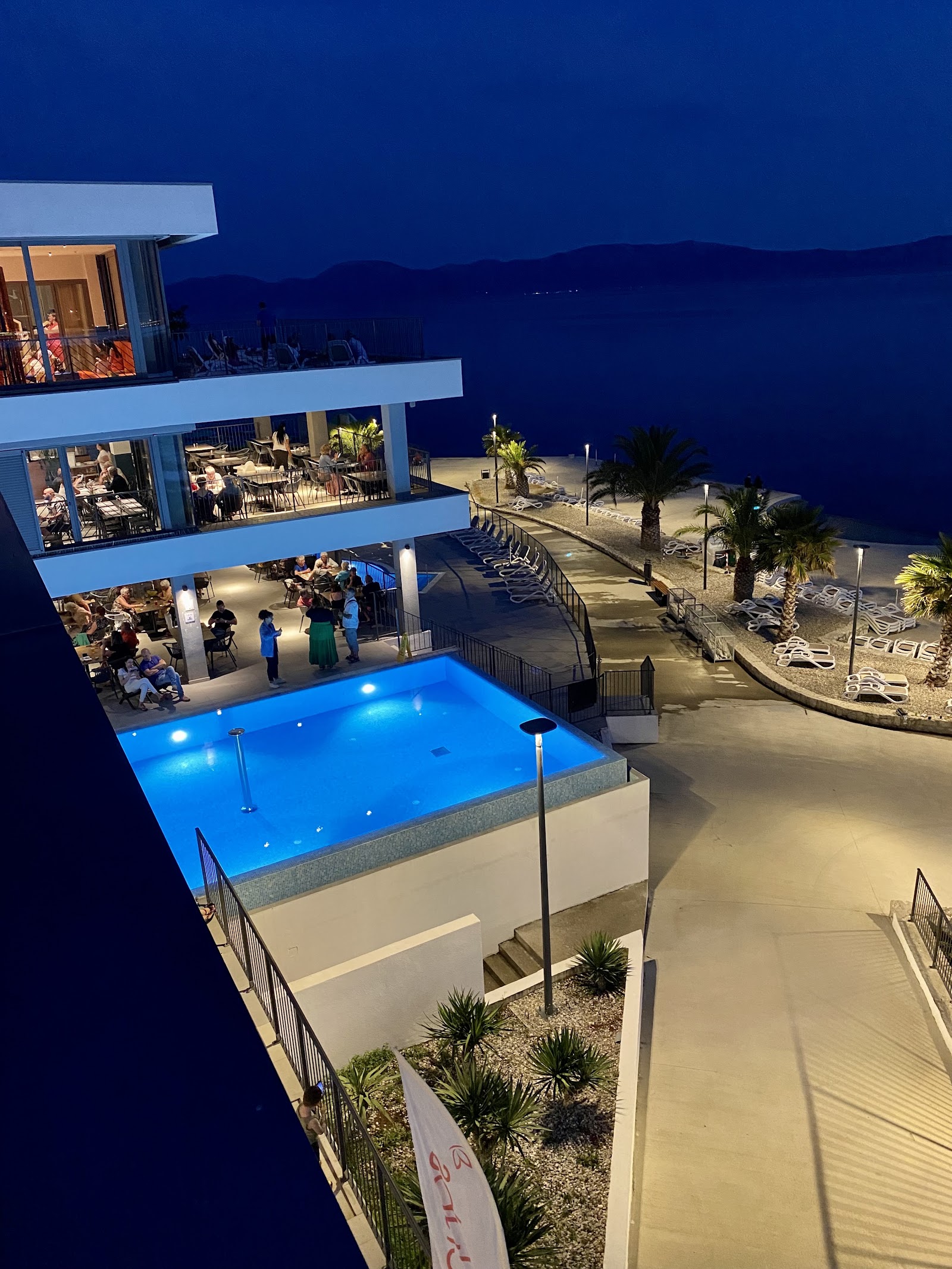 Modern resort building with infinity pool overlooking the Adriatic Sea, palm trees, and mountains under clear blue sky.