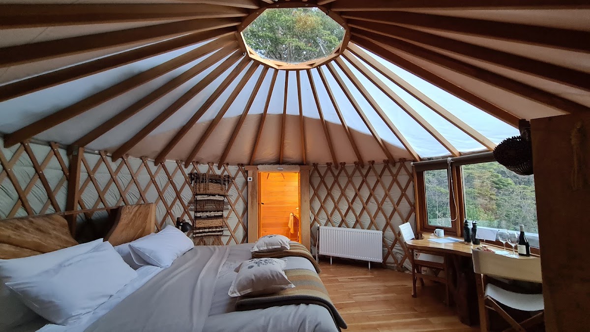 Interior of a yurt with wooden bed, desk, skylight opening to trees, and mountain views through side window.