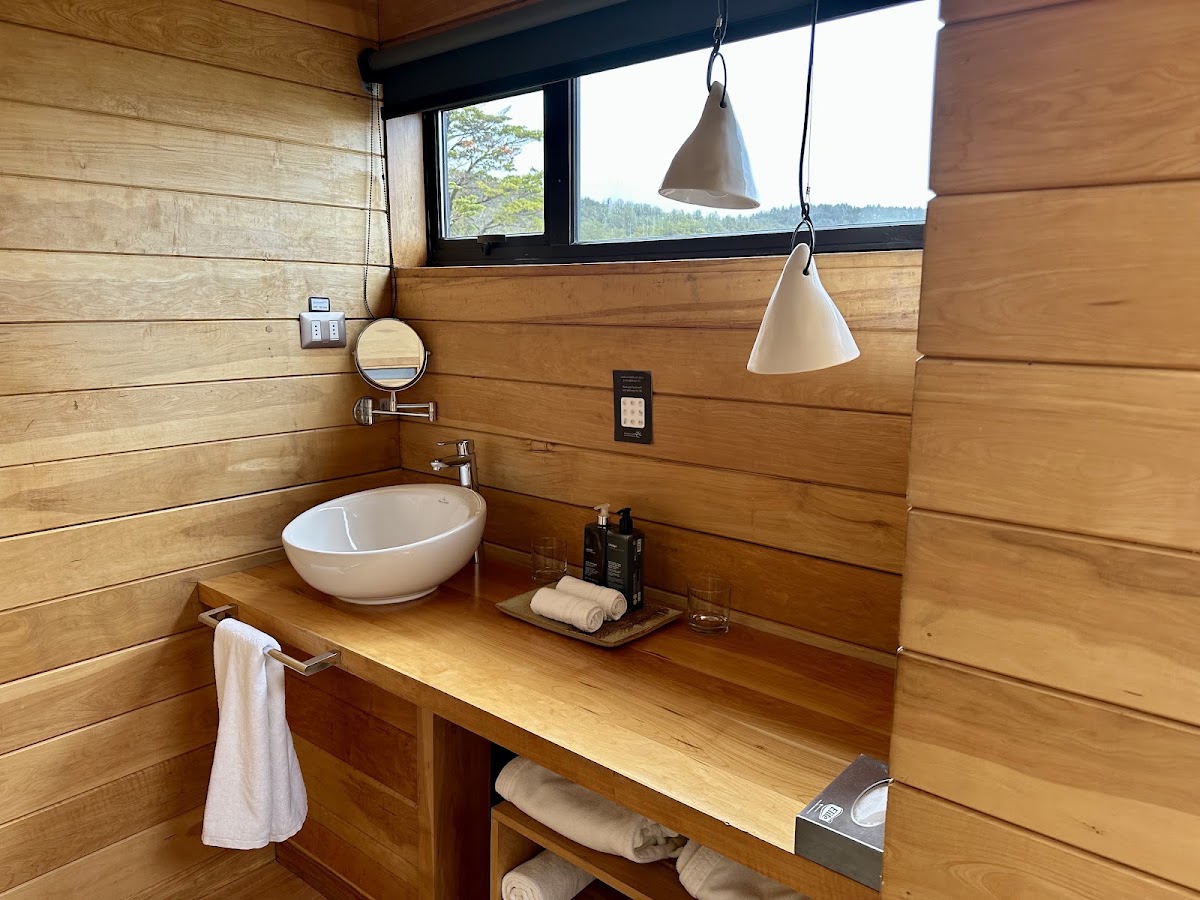 Wood-paneled bathroom with white vessel sink, hanging pendant lights, and forest view through large window at Patagonia Camp.