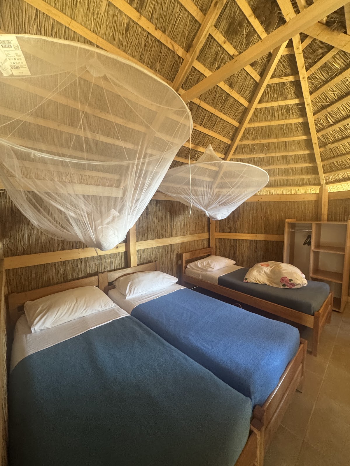 Thatched-roof bungalow interior with four wooden beds draped in mosquito netting at Pine Beach Pakoštane.