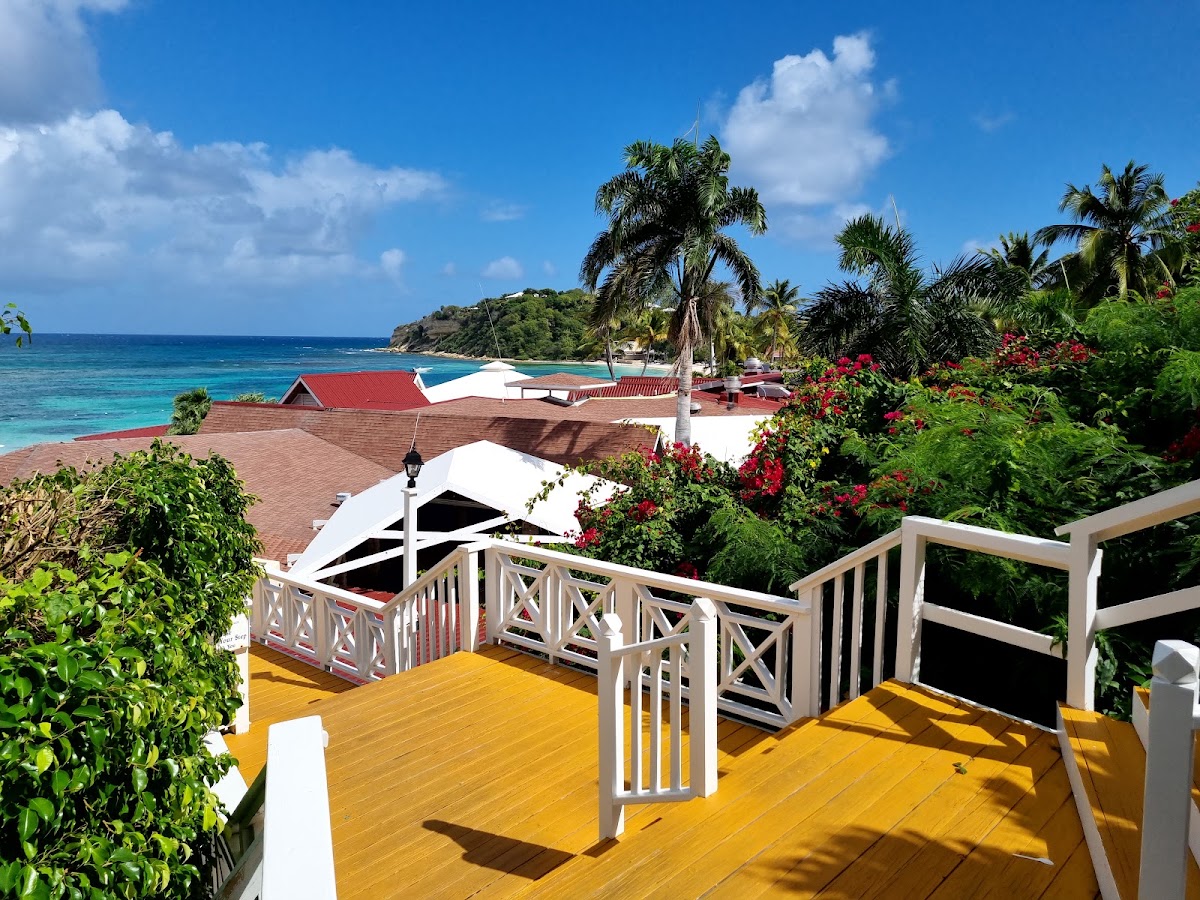 Yellow wooden deck with white railings overlooks resort buildings with red roofs, tropical plants with red flowers, palm trees, and turquoise Caribbean waters beyond.
