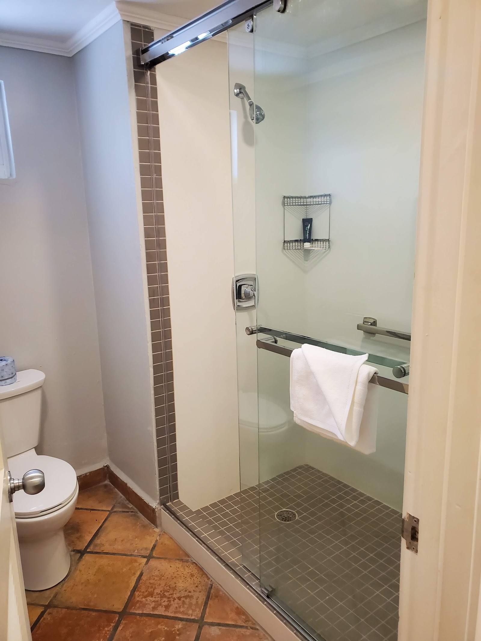 Bathroom with glass-enclosed walk-in shower, white towel on rack, terra cotta tile floor, and toilet to the left.
