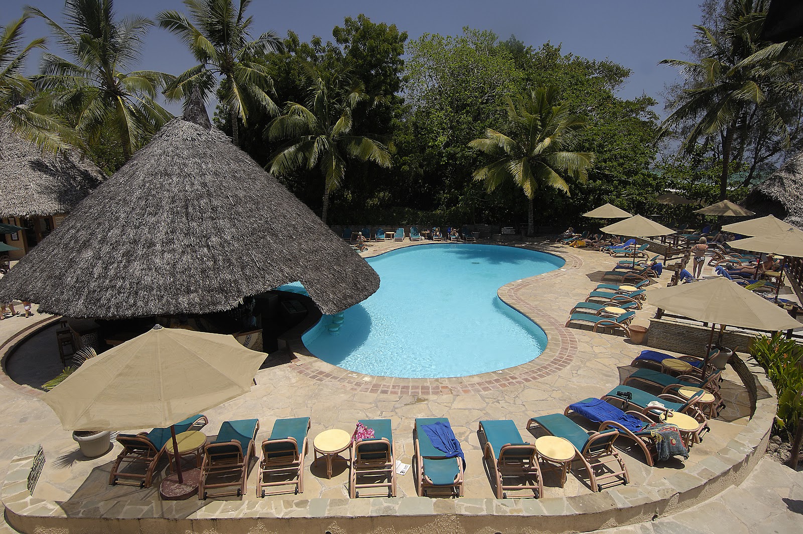 Curved pool with turquoise water surrounded by lounge chairs, thatched-roof bar, and sand umbrellas at Pinewood Beach Resort & Spa.