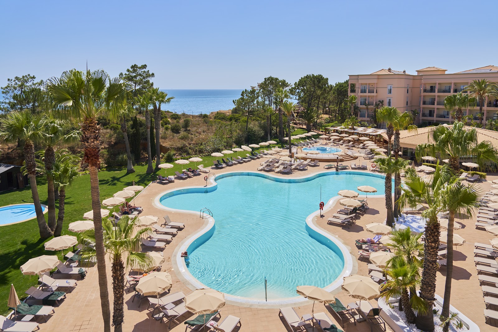 Curved swimming pool with turquoise water surrounded by loungers and palm trees, ocean visible in background beyond the beige resort building.