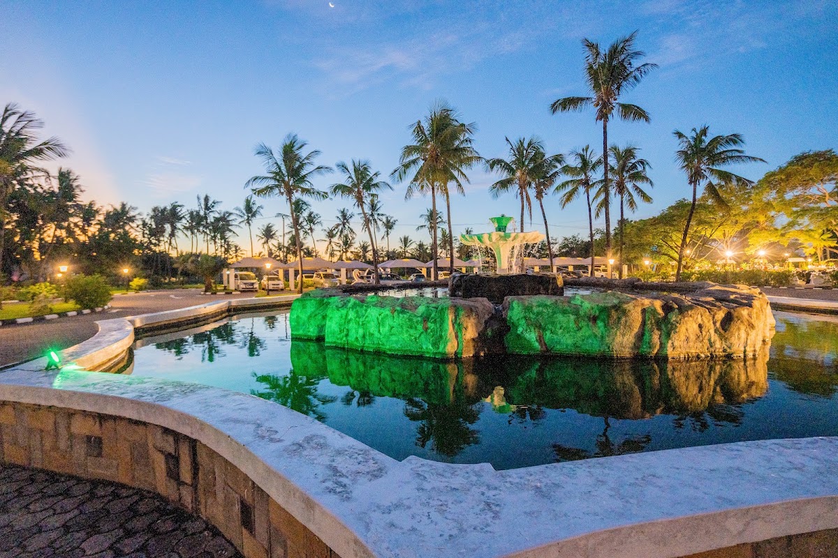 Lagoon with green-lit rock formation at dusk, surrounded by palm trees and lit resort grounds at PrideInn Flamingo Beach Resort & Spa.