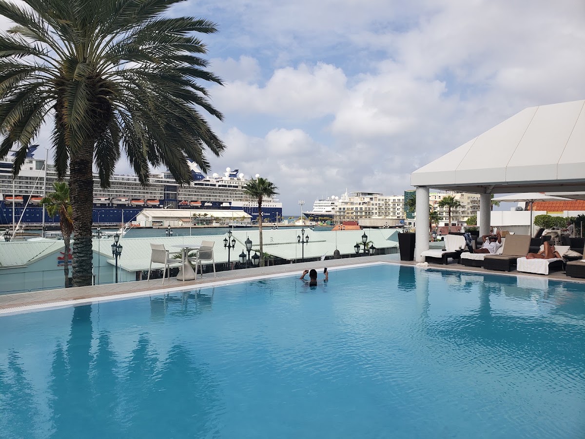 Turquoise pool with swimmers at Renaissance Wind Creek Aruba Resort, overlooking cruise ships and harbor with palm trees and lounge seating.