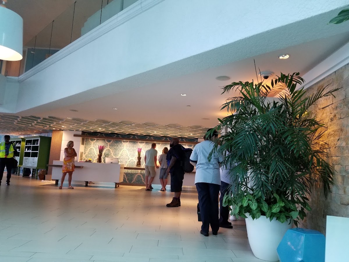 Resort lobby with guests at the front desk, potted plants, and modern ceiling lighting.