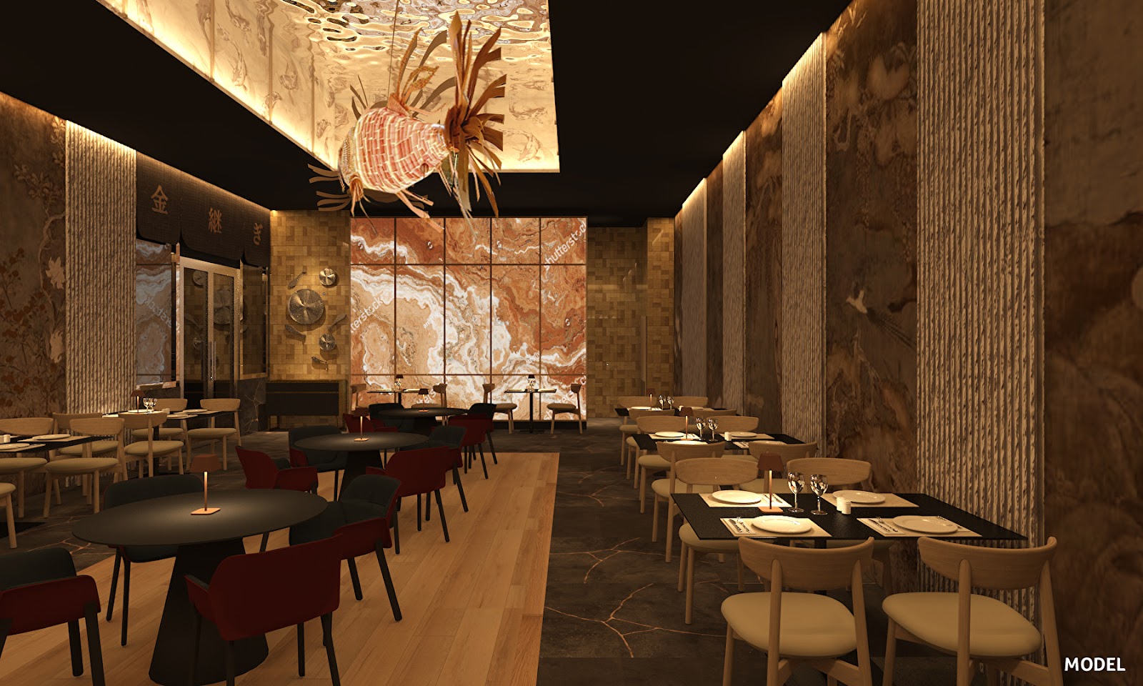 Modern restaurant dining room with set tables, natural wood chairs, textured stone walls, and an ornamental hanging lantern centerpiece.