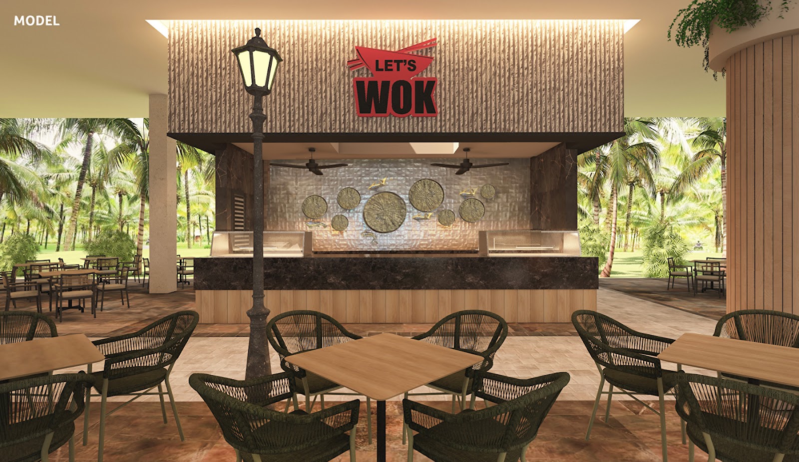 American Country restaurant dining room with booth seating, open kitchen, and vintage marquee sign at Riu Palace Bavaro.