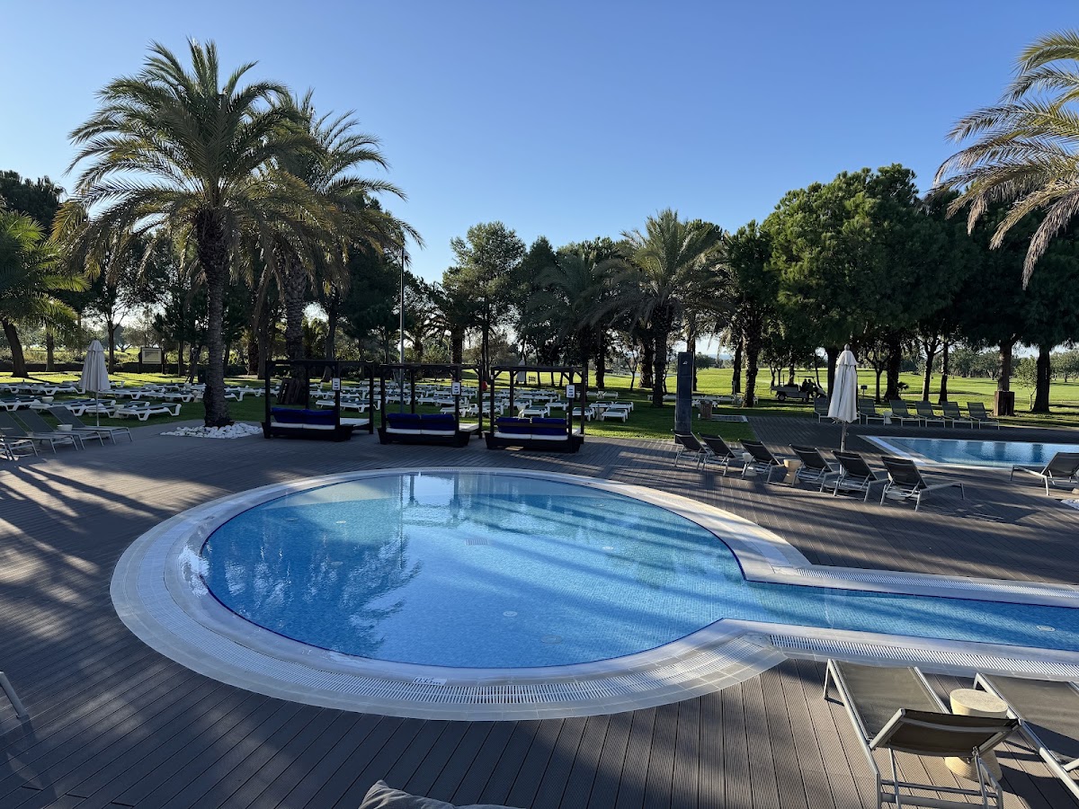 Curved blue pool with lounge chairs on a dark deck, palm trees and green lawn beyond under clear sky at Robinson Quinta da Ria.