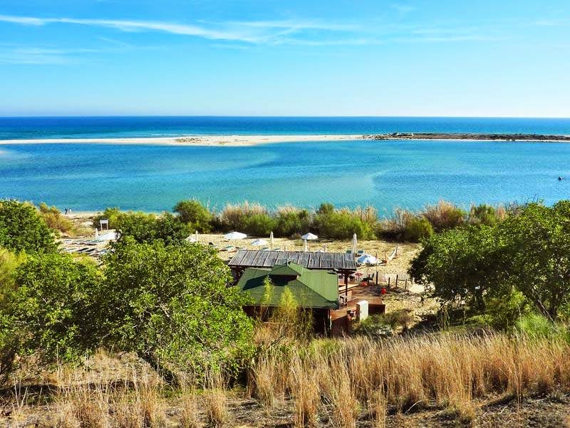 Wooden boardwalk and beach pavilion nestled among coastal vegetation with turquoise lagoon and sandbar beyond under clear blue sky.