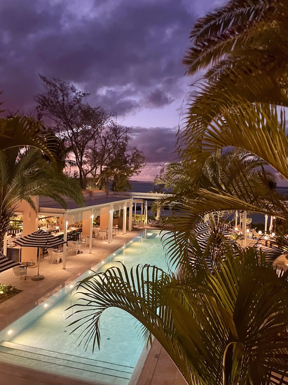 Illuminated pool deck at dusk with palm fronds in foreground, striped umbrellas, dining pavilion, and purple sky over distant ocean at SALT of Palmar.
