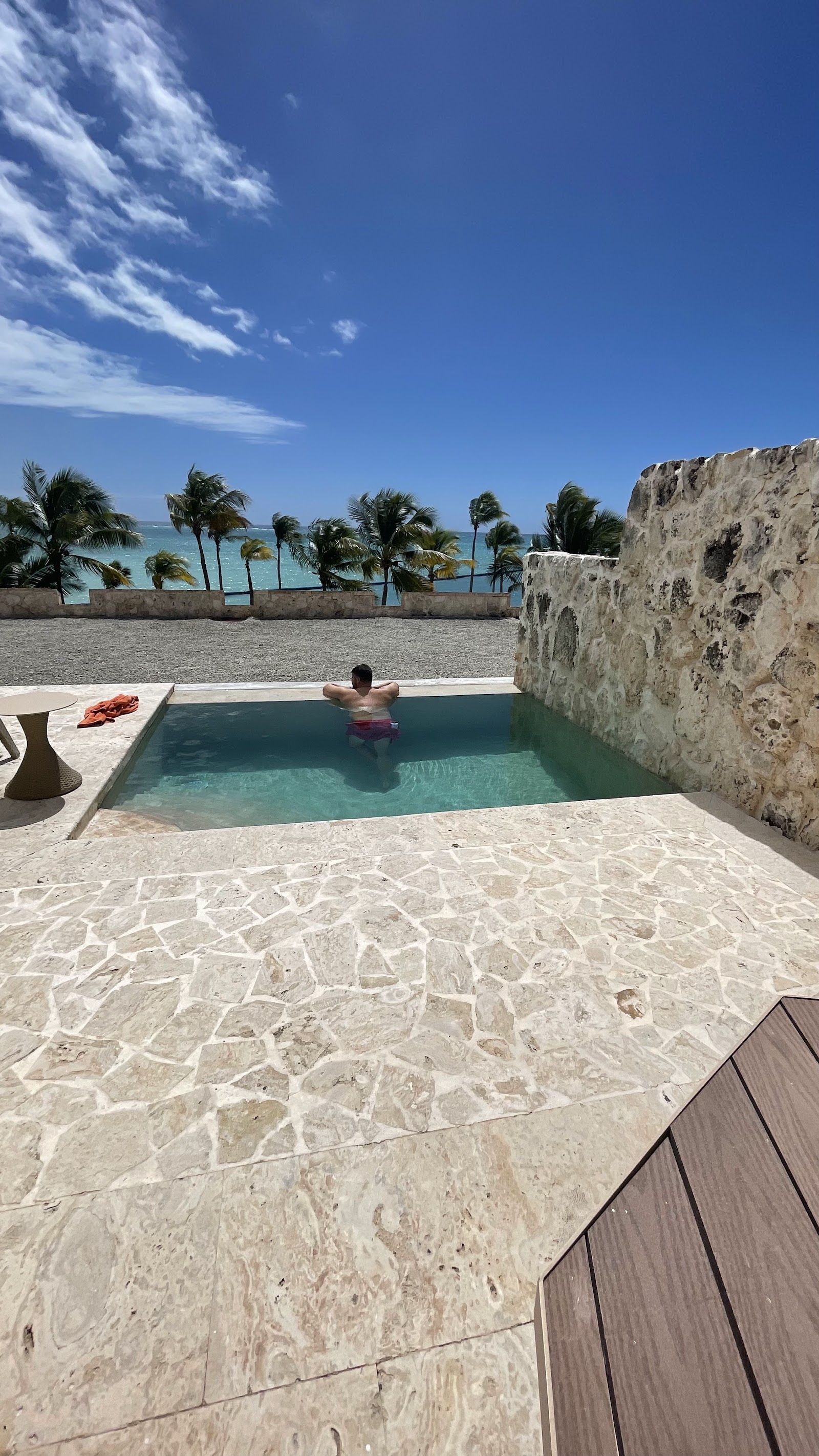 Guest relaxing in a beachfront pool at Sanctuary Cap Cana with turquoise ocean and palm trees visible beyond the stone wall.