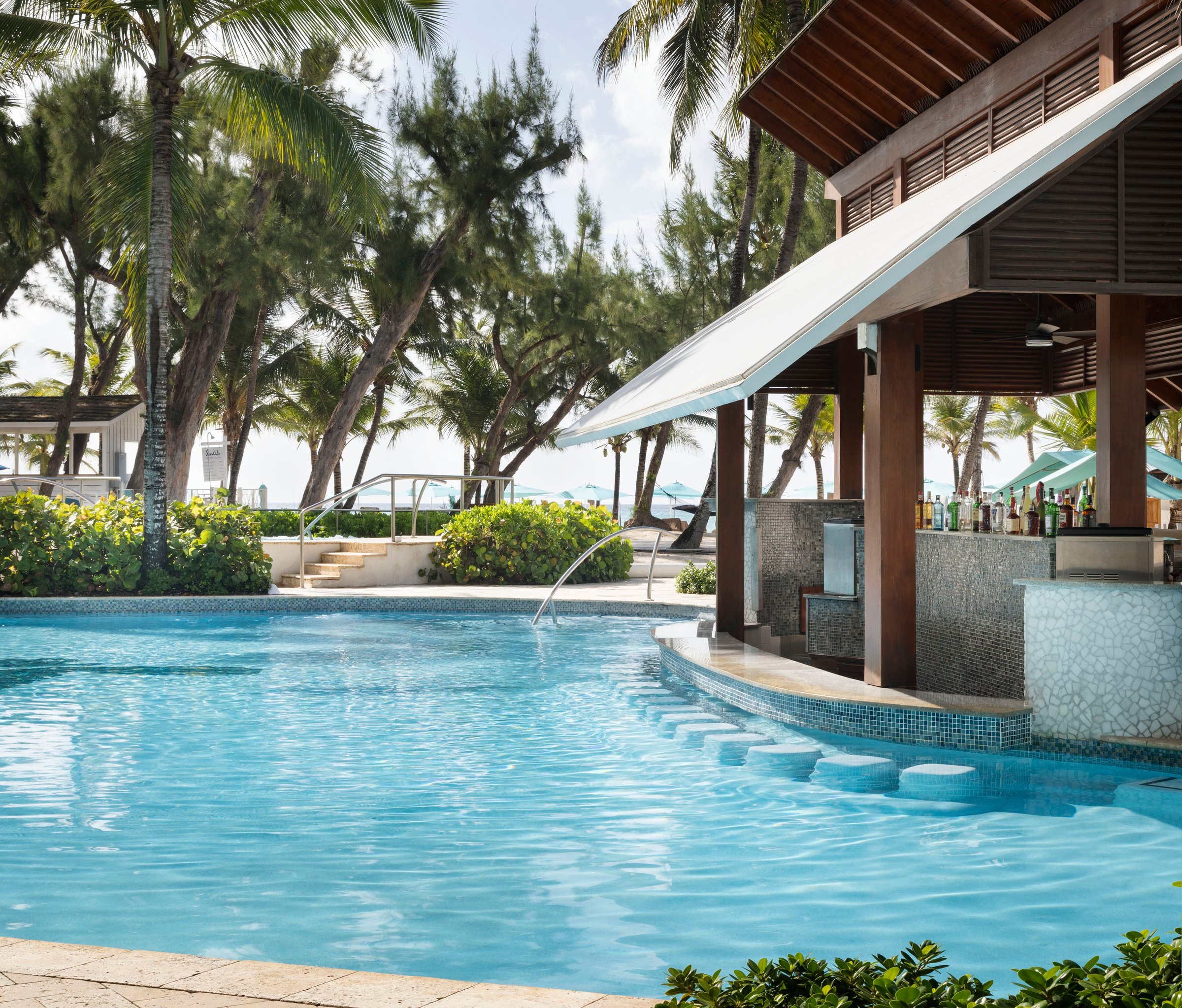 Calypso swim-up bar with in-pool stools shaded by casuarina trees.