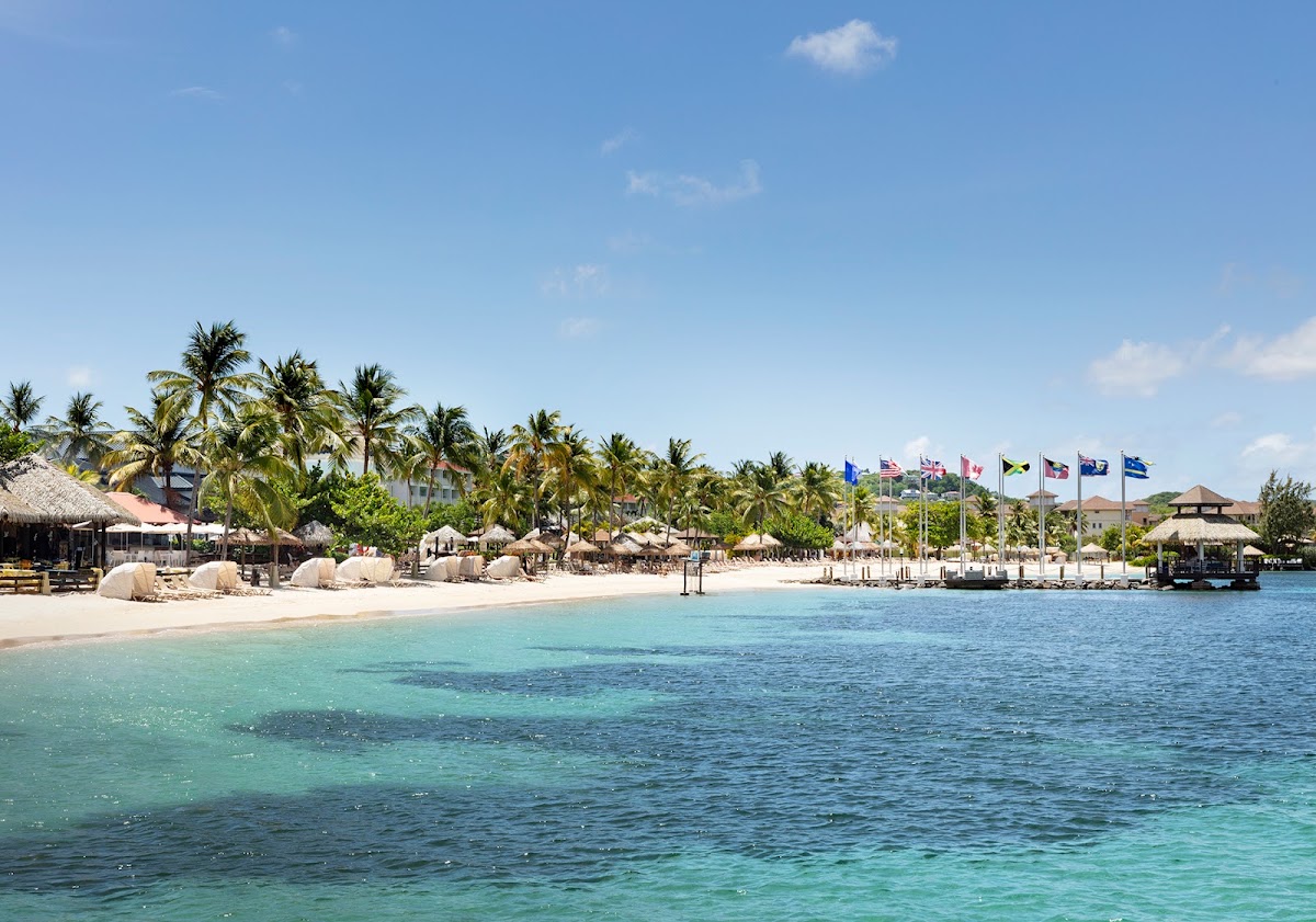 Turquoise waters meet a sandy beach lined with palm trees, thatched palapas, and international flags at Sandals Grande St. Lucian.