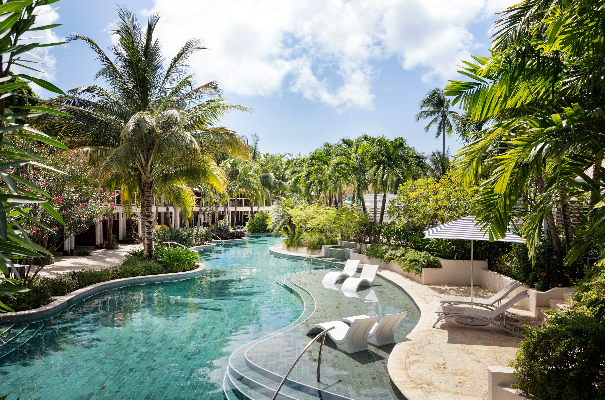 Winding lazy pool with in-water loungers under tall palms.